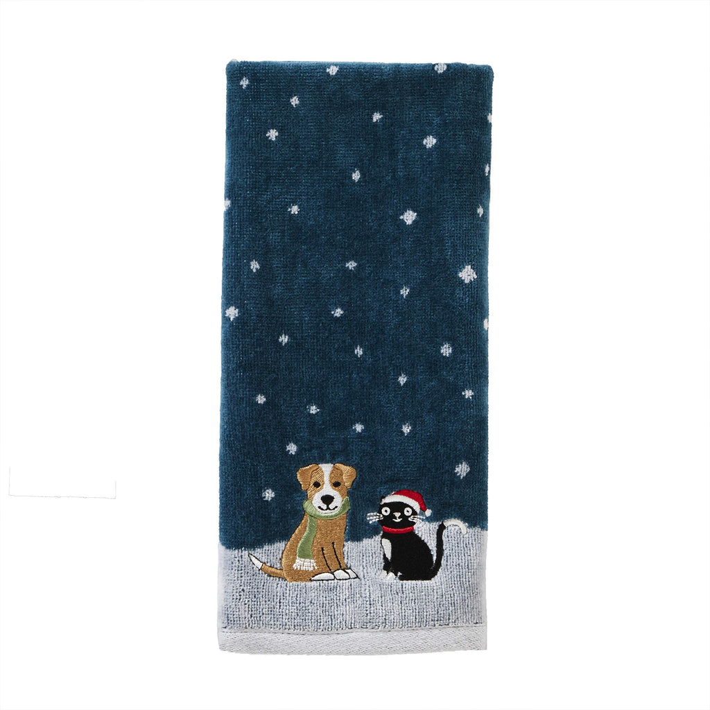 SKL Home Christmas/Winter Cat & Dog Hand Towel 2pc Set for Bath/Kitchen & Gift, Teal
