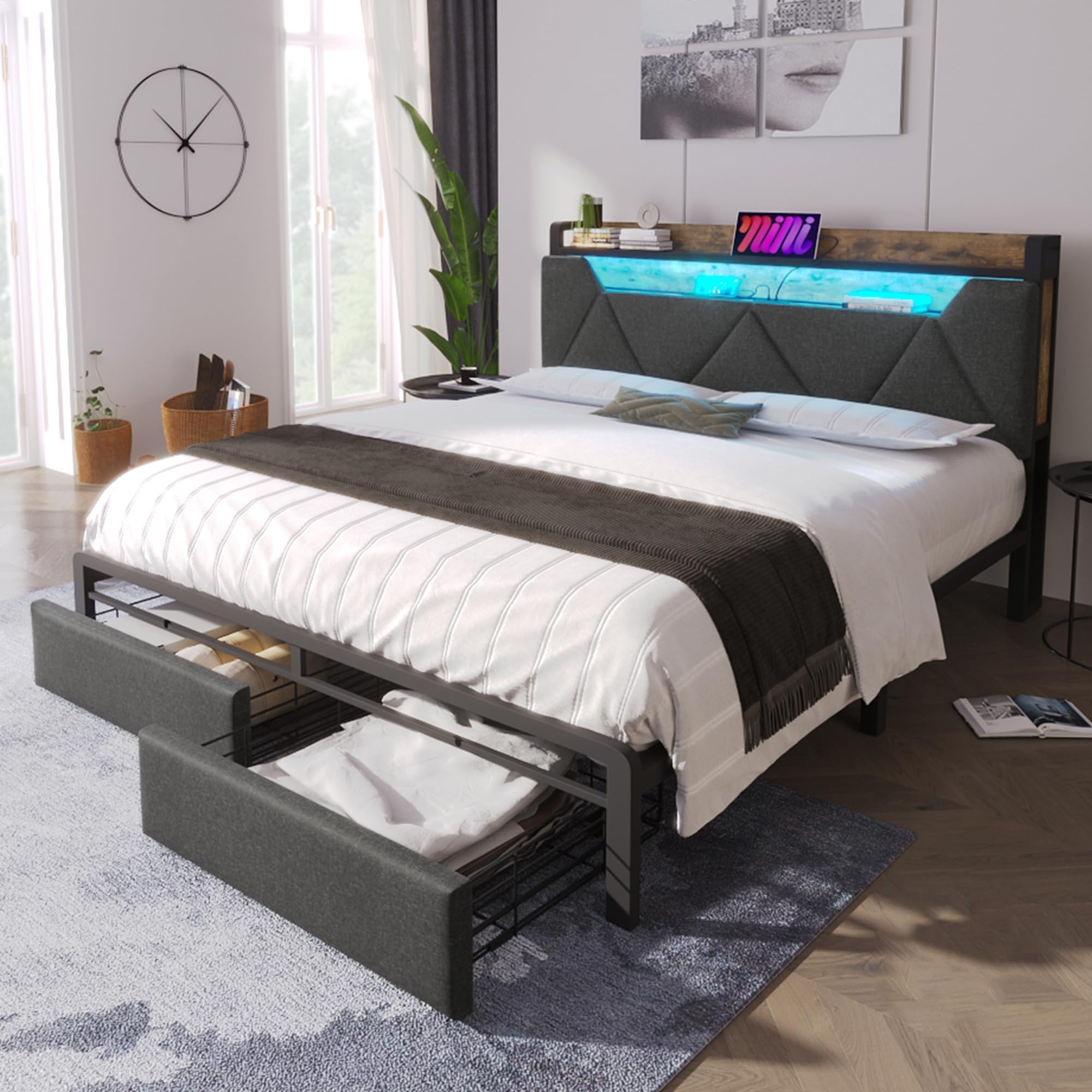 Merax 4FT6 Upholstered Double Bed Frame with LED, USB & Storage - Grey