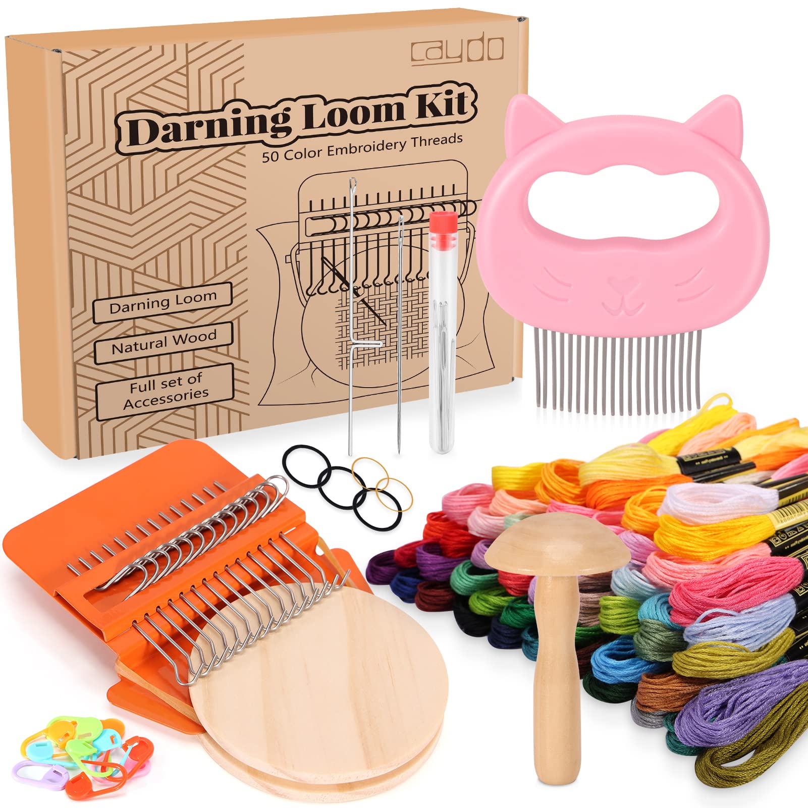 Caydo Speedweve Darning Mini Loom Kit with 50 Threads and Mushroom Egg