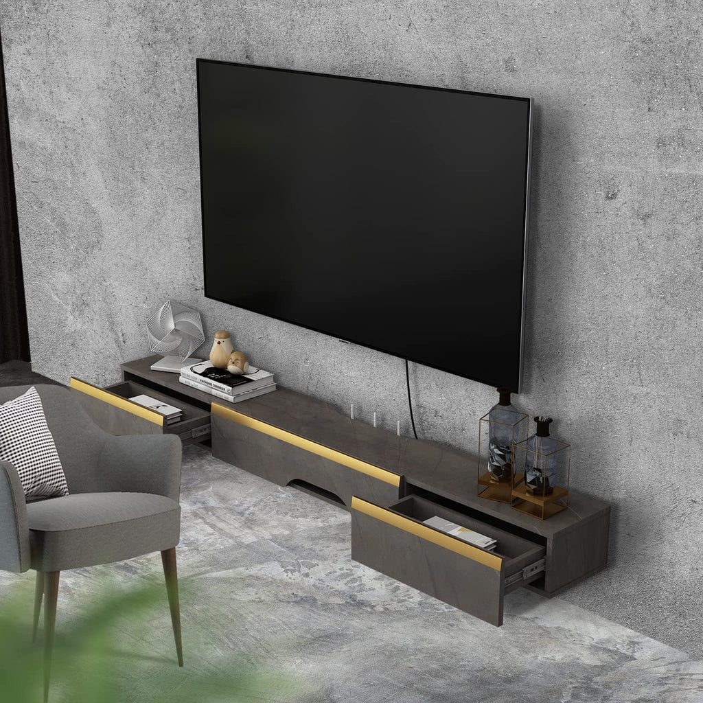 Pmnianhua Floating TV Unit, 59'' Wall Mounted TV Cabinet, Floating Shelves with 2 Drawers and 1 Door - image 2