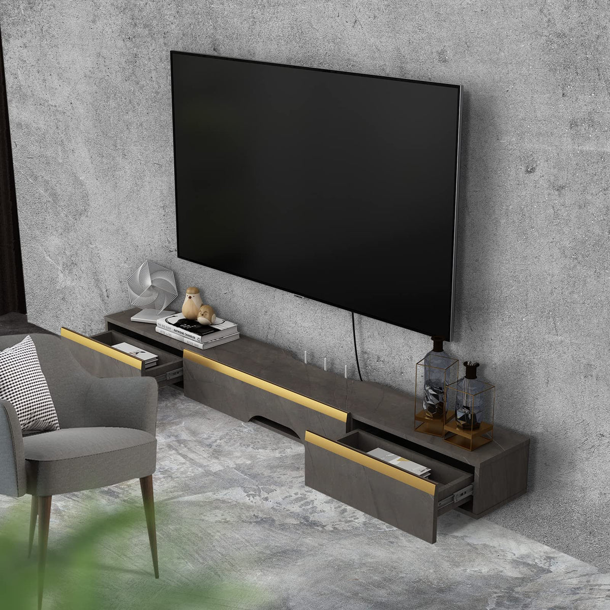 Pmnianhua Floating TV Unit, 59'' Wall Mounted TV Cabinet, Floating Shelves with 2 Drawers and 1 Door - image 2