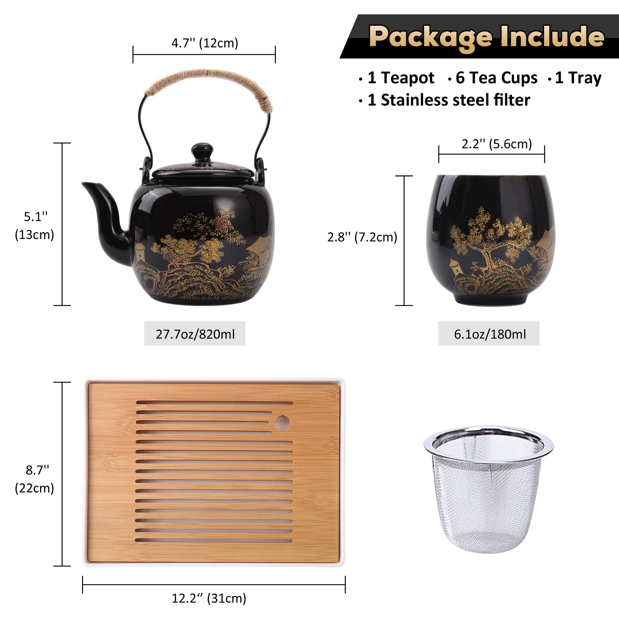 Dujust Japanese Tea Set - Black Porcelain Teapot with 6 Cups and Tray
