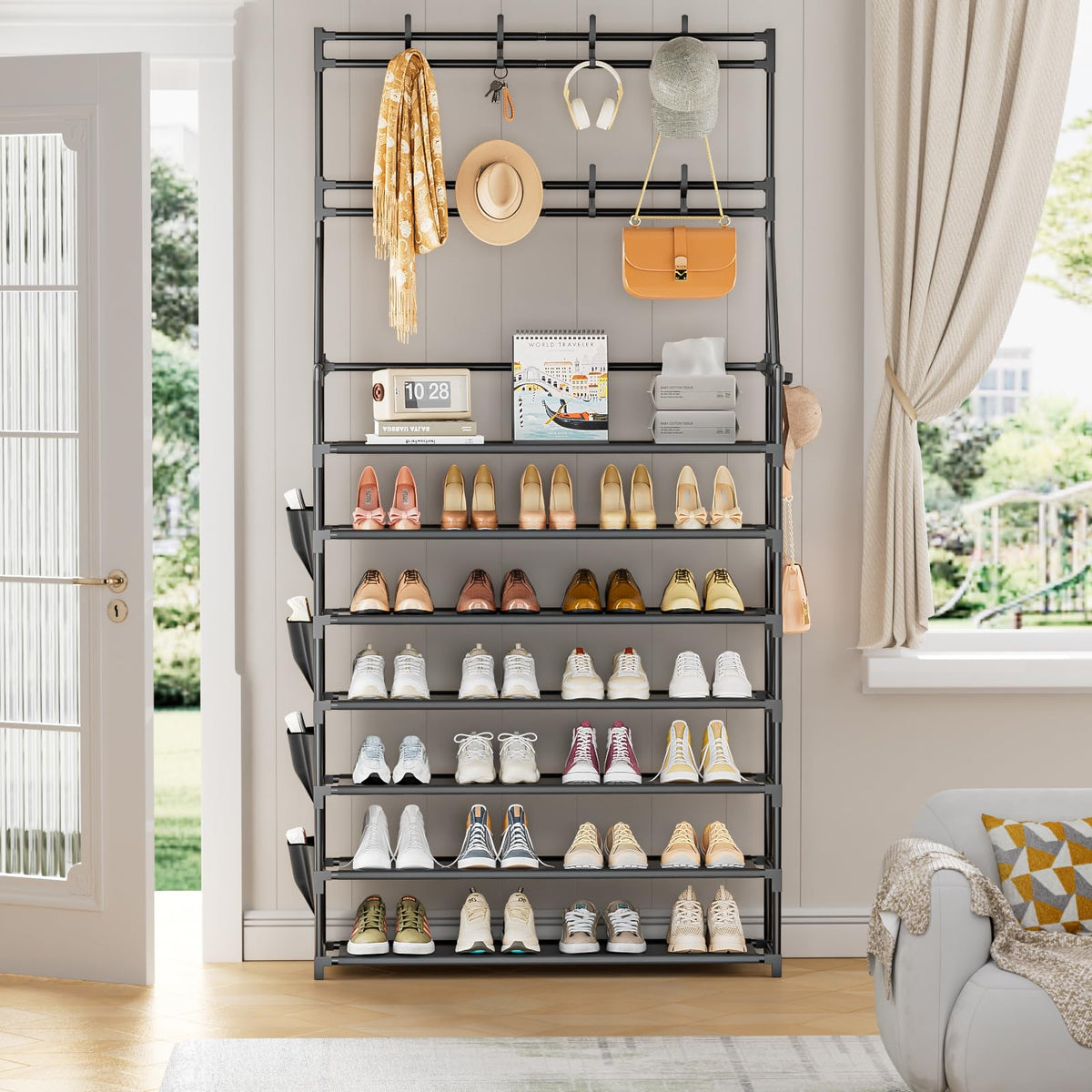 OYREL 7 Tier Shoe Rack with 8 Hooks & 4 Side Pockets for 28-35 Pairs Shoes - image 2