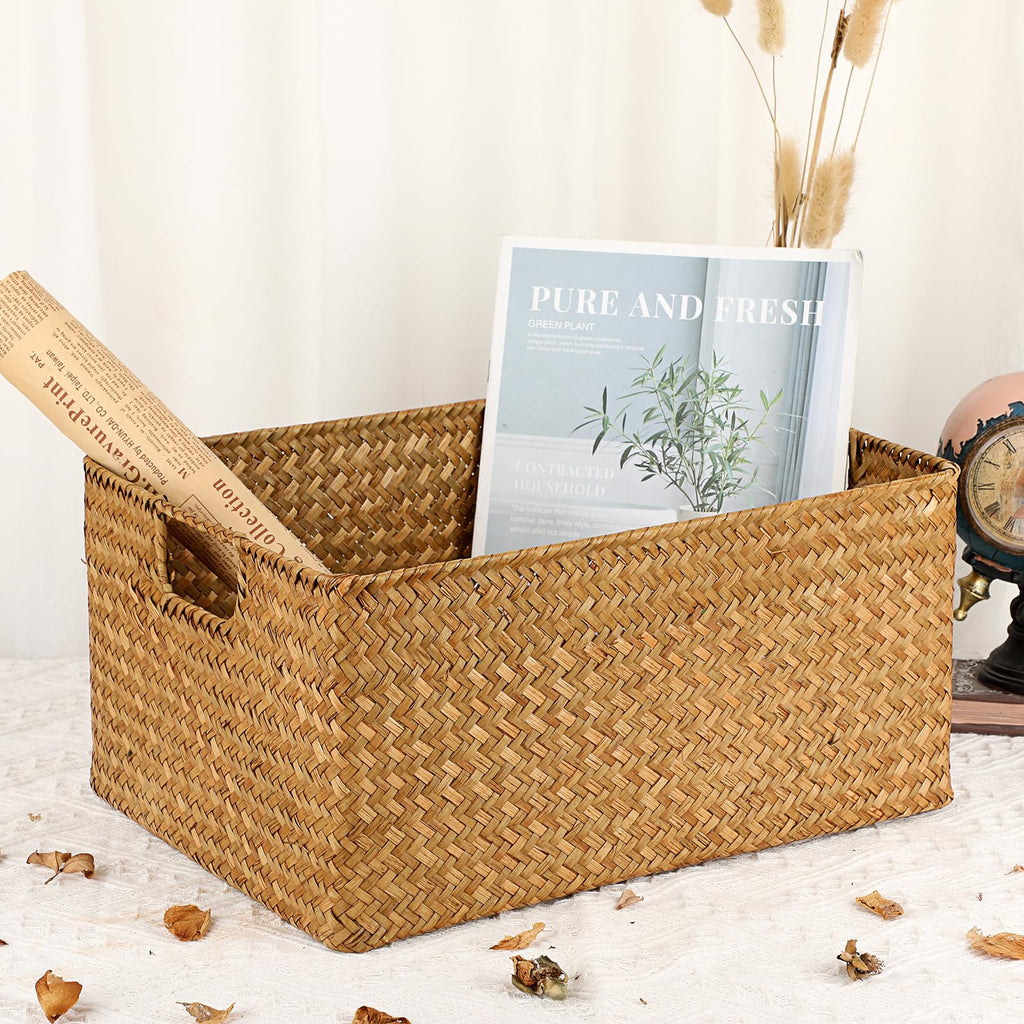 IGNPION Seagrass Storage Opened Basket Living Room Decorative Baskets Woven Wicker Towel Basket Rectangular Bathroom Storage Organiser Box - image 4