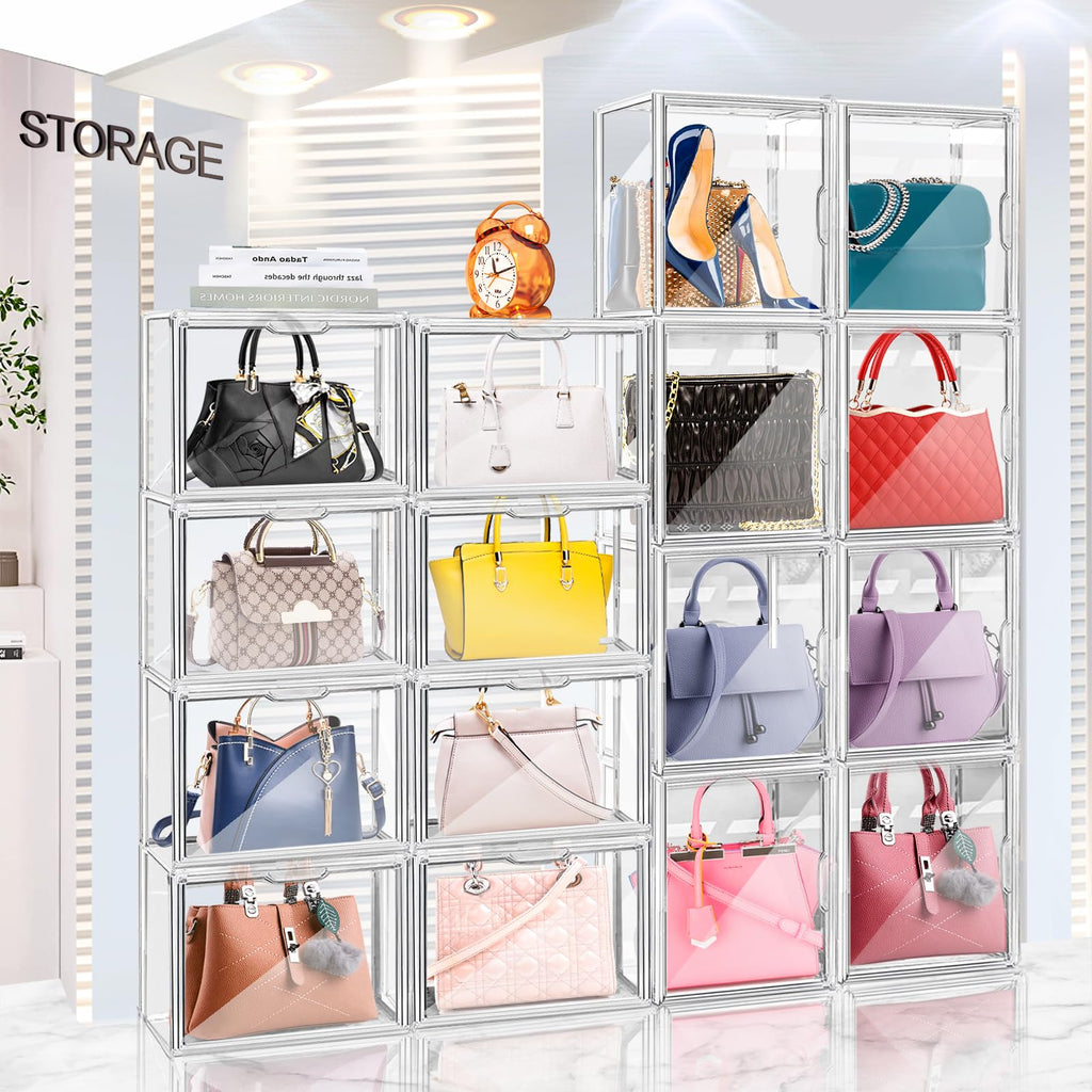 LINYAPRY Clear Acrylic Handbag Organiser – 4 Pack Stackable Display Cases