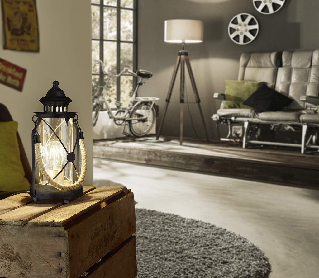 Eglo Bradford Vintage Lantern Table Lamp – Black Steel & Clear Glass
