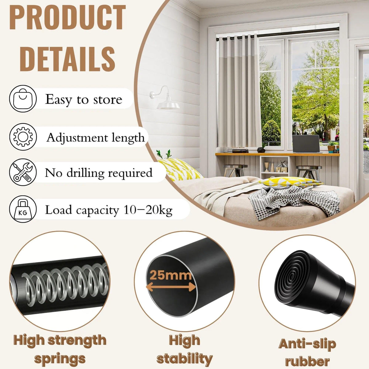 Tension Rod Shower Curtain Pole No Drilling Spring Loaded Tension Rods Adjustable Curtain Pole Extendable Wardrobe Pole For Clothes White 83-190Cm - image 3