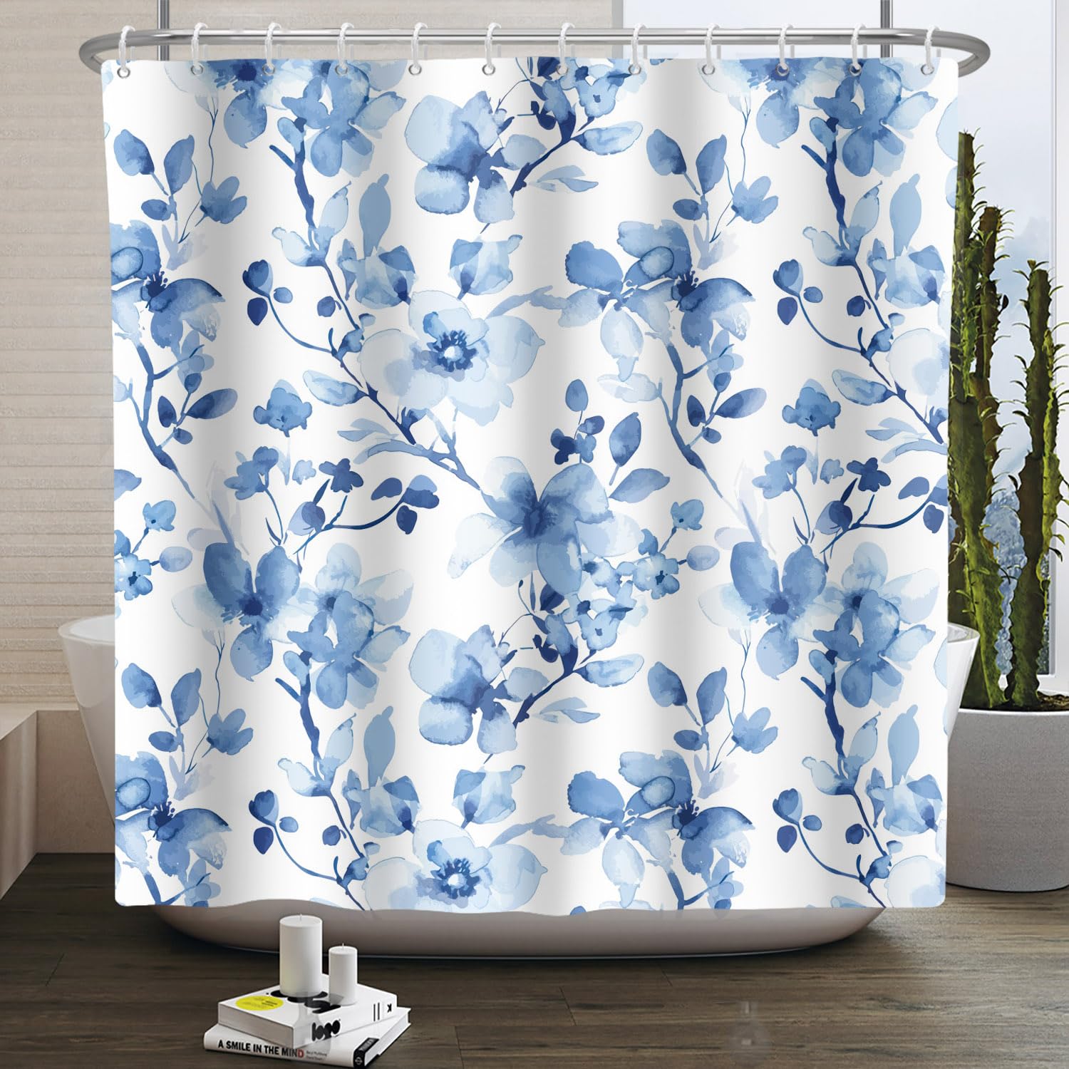 Floral Shower Curtain – White & Blue Waterproof Polyester