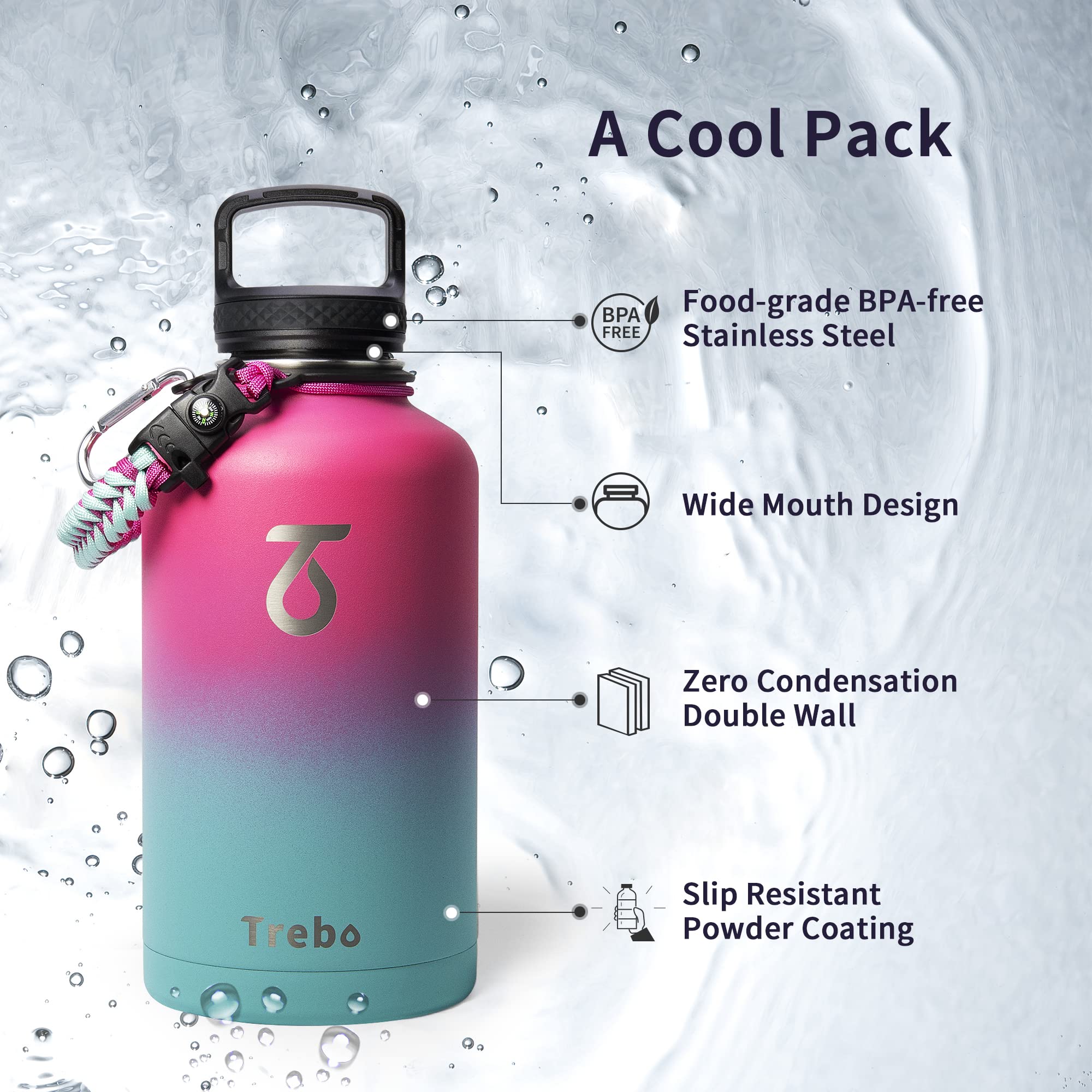 Trebo 2L Insulated Stainless Steel Water Bottle with Paracord Handle