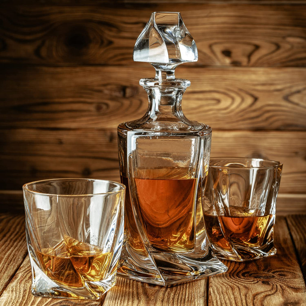 FLOW Barware Twist Whiskey Decanter Set - 2 Glasses & 6 Granite Stones