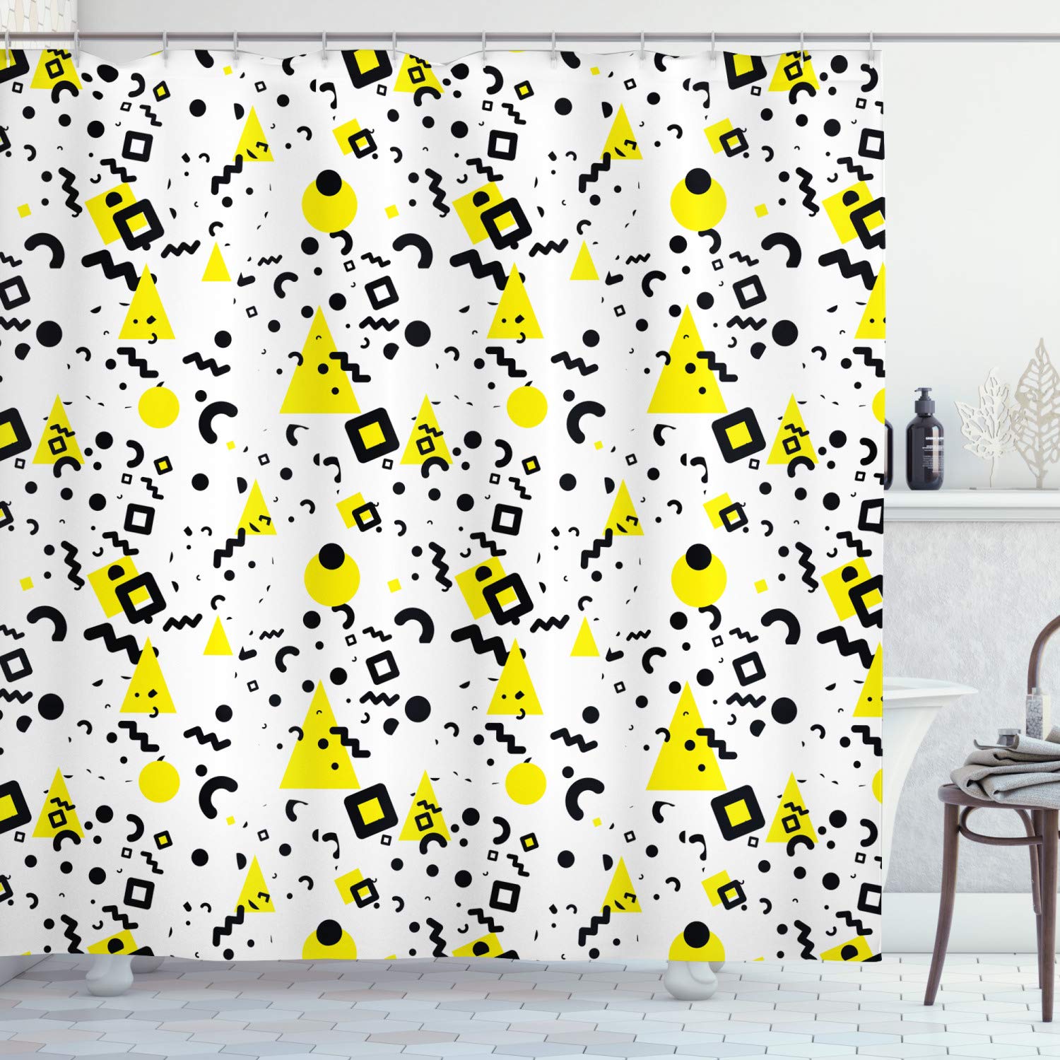 ABAKUHAUS Memphis Style Shower Curtain - Black & Yellow Waterproof Fabric