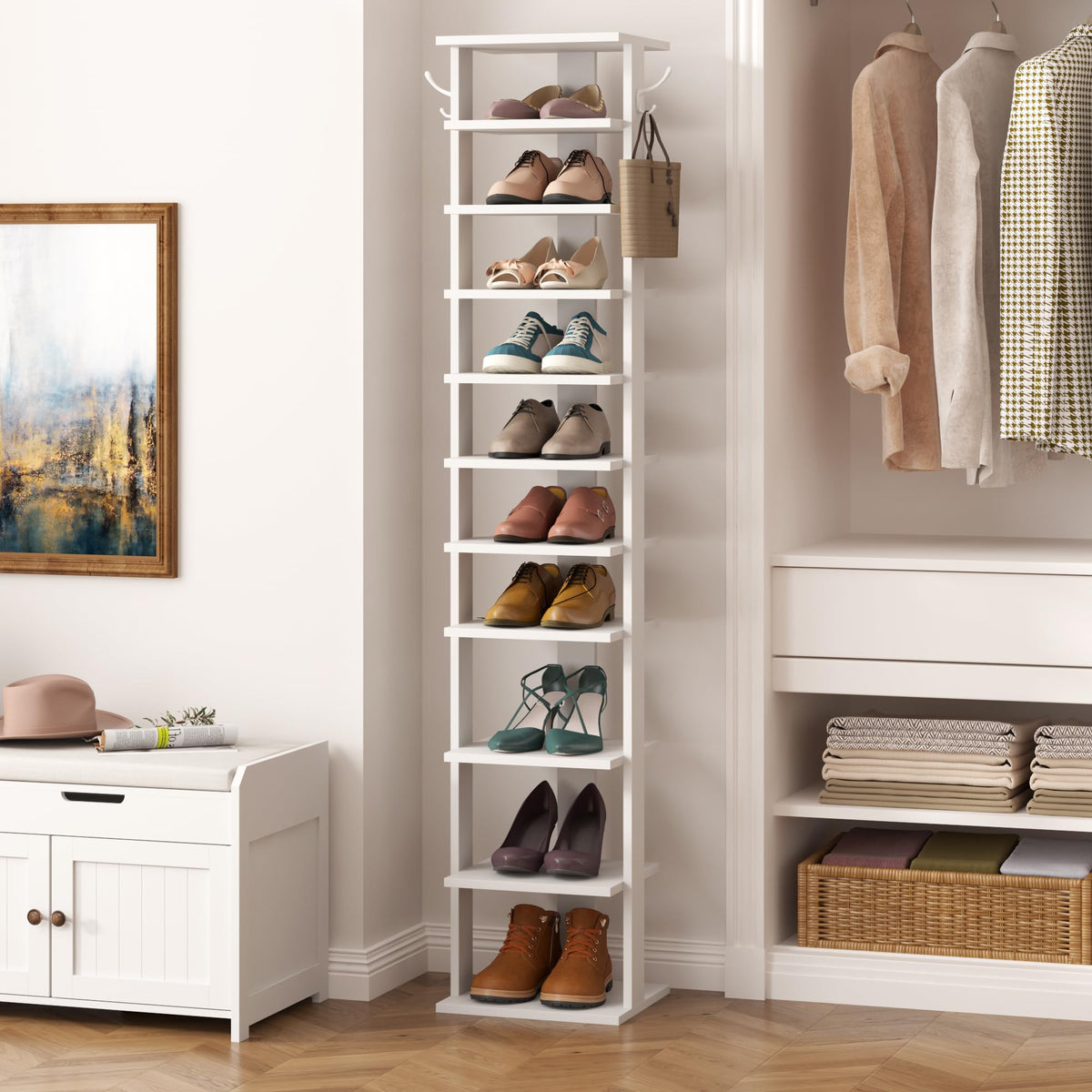 HOME BI 11-Tier Vertical Shoe Rack, Corner Shoe Tower, Slim Shoe Organizer with Two Hanging Hooks, Wooden Shoe Storage Stand for Entryway, Hallway - image 4