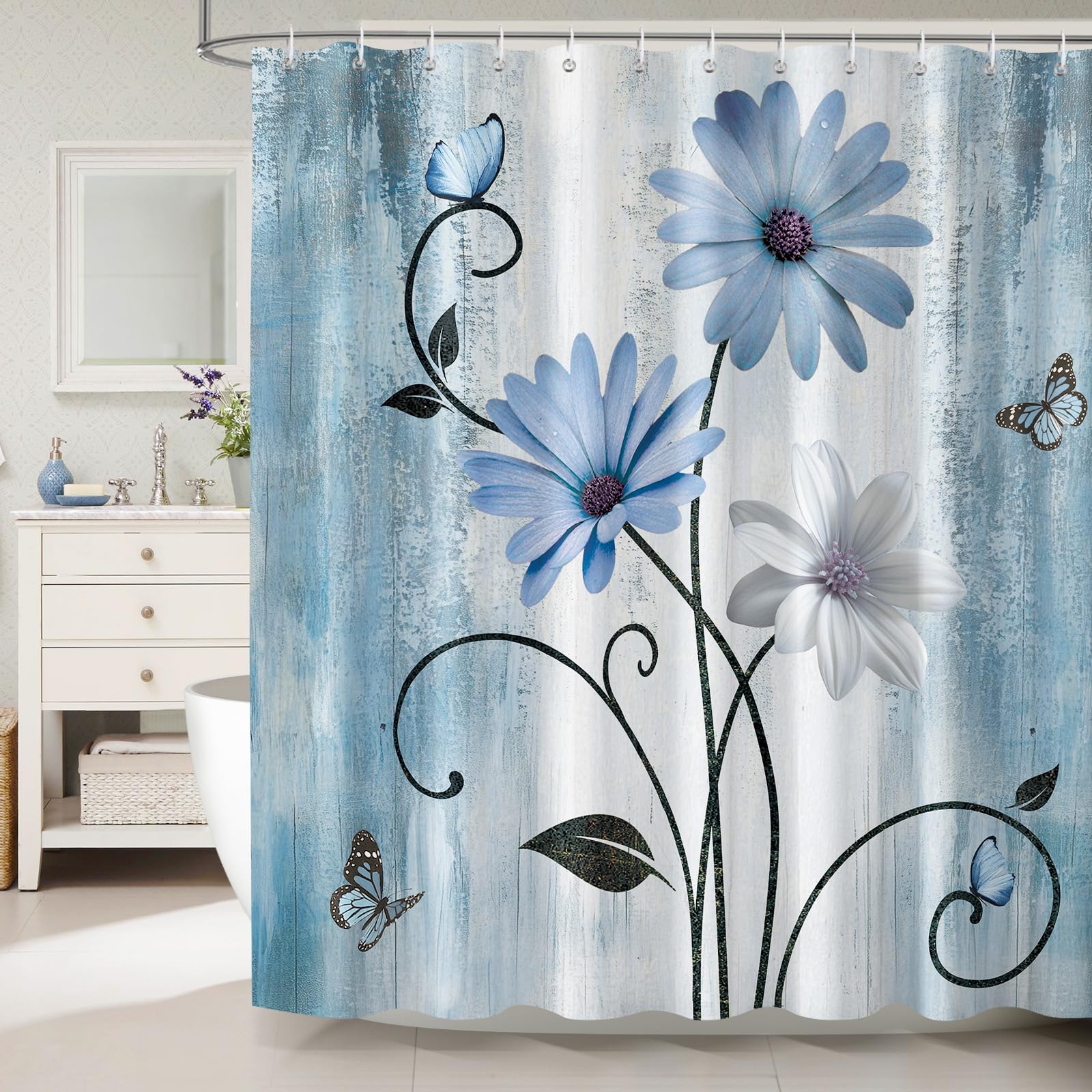 Dazzlewall Blue Floral Shower Curtain – Rustic Daisy Farmhouse Polyester