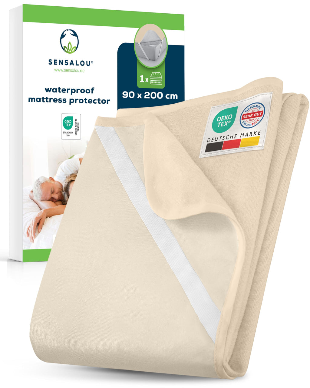 Sensalou Waterproof Mattress Protector 90 x 200 cm Beige – Mattress Cover for Single Bed - image 1