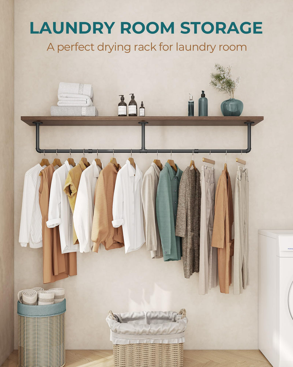 OROPY Industrial Pipe Clothes Rail | 167cm Heavy Duty Wall Mounted Rack
