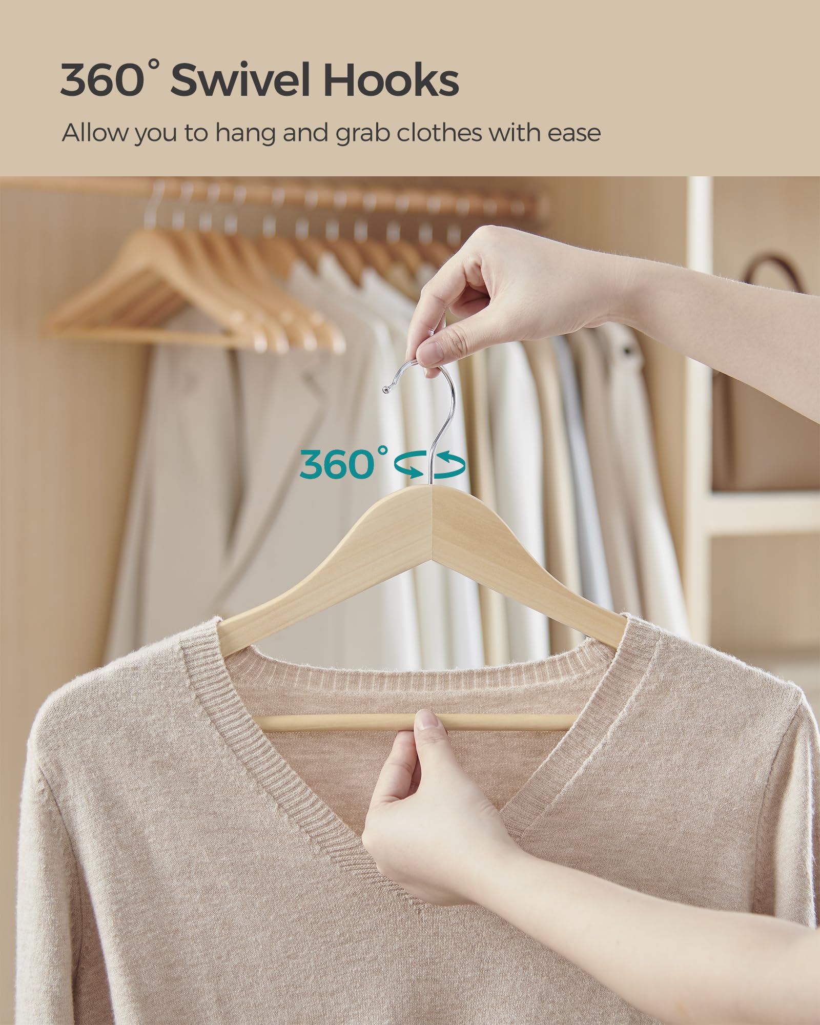 SONGMICS Wooden Hangers - Pack of 48 Non-Slip Maple Wood Coat Hangers