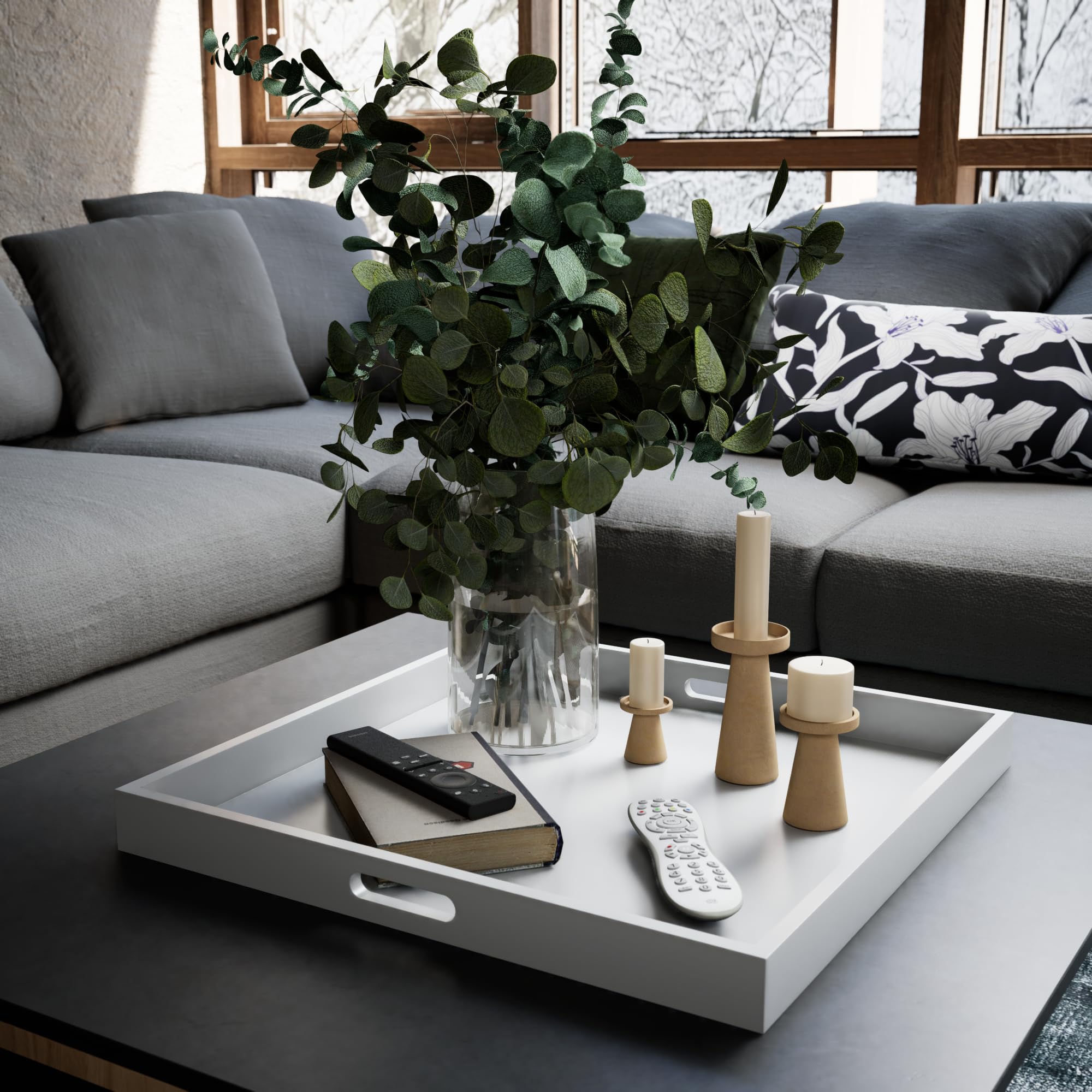 Hanobe 20" Square Ottoman Tray | Large White Wood Serving Tray with Handles