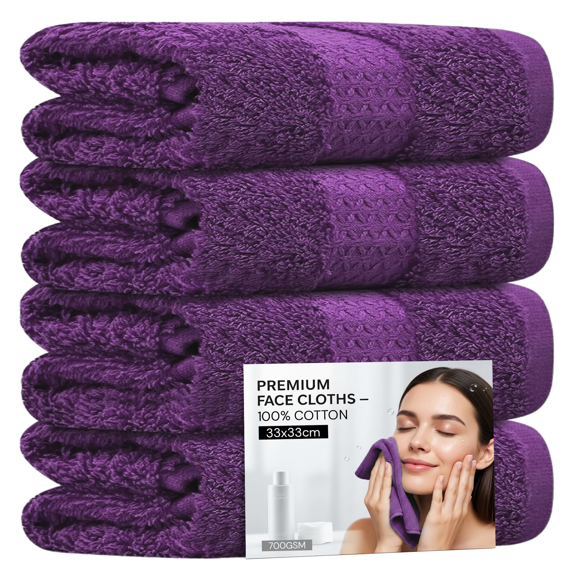 Towelogy 4 Pack Face Cloths – 100% Combed Cotton Flannels, Purple
