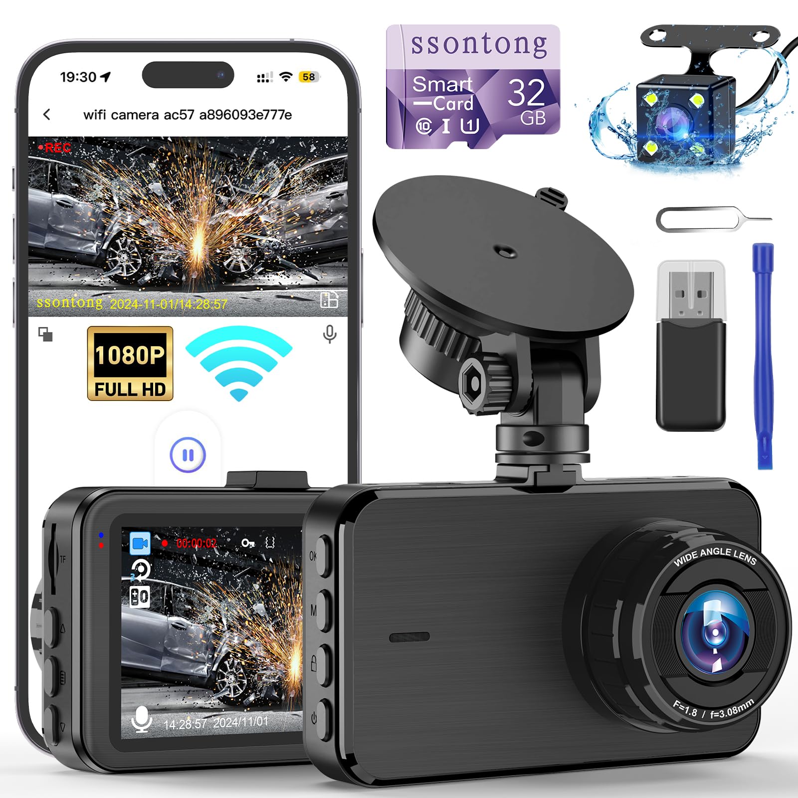 Dual Dash Cam – 1080P WiFi Car Camera with 32GB Card