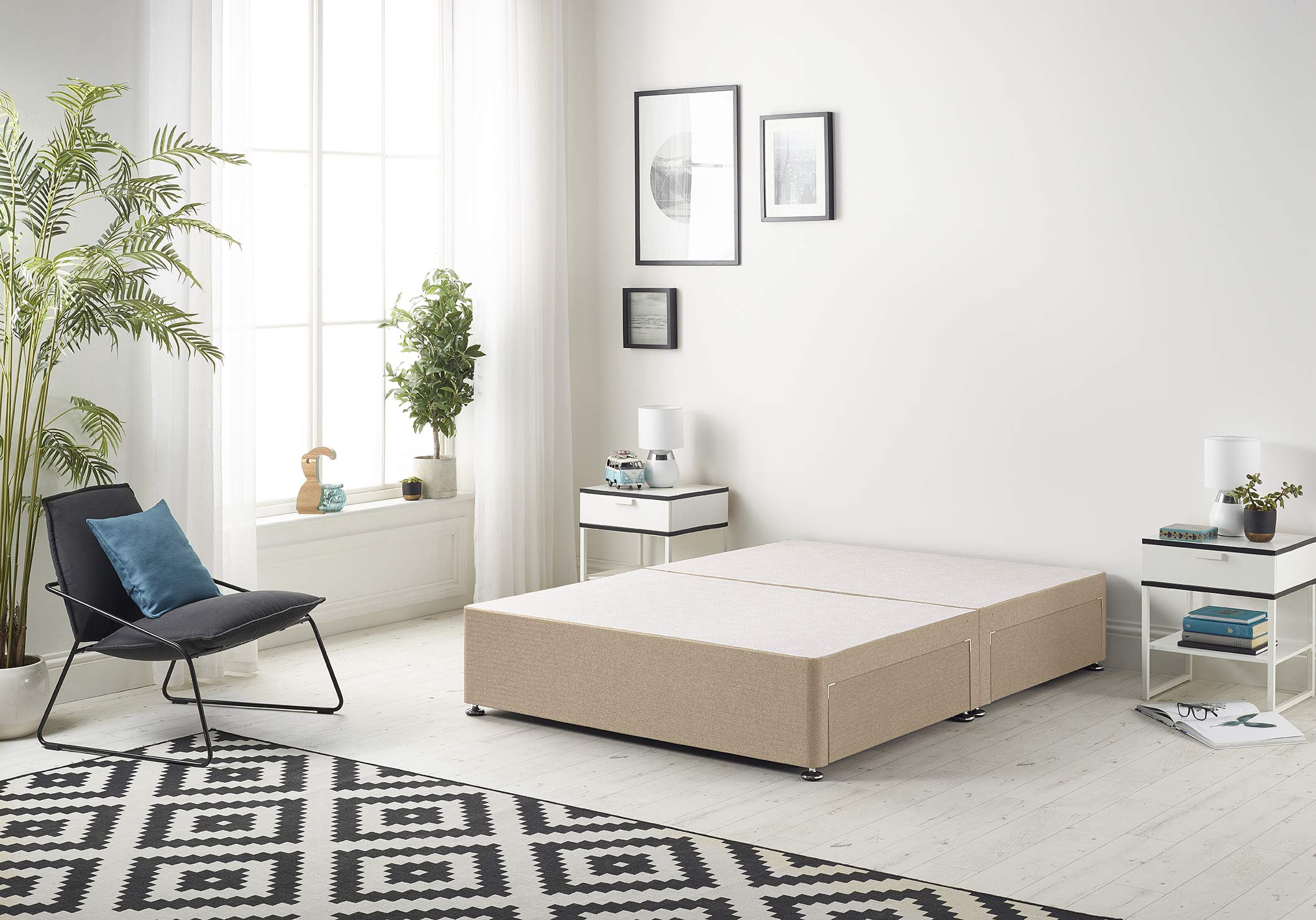 Jolof Store Premier King Bed Base | Plush Beige Upholstered Timber Frame