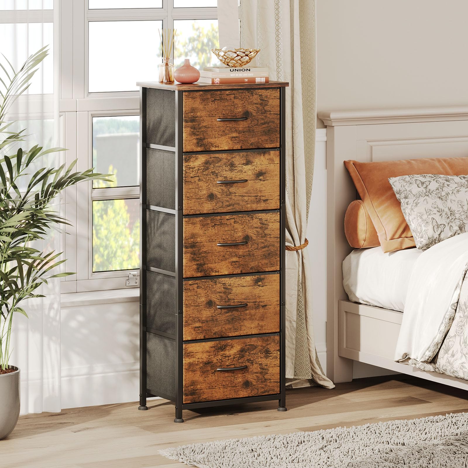CAIYUN 5-Drawer Chest of Drawers | Tall Brown Fabric Storage Dresser