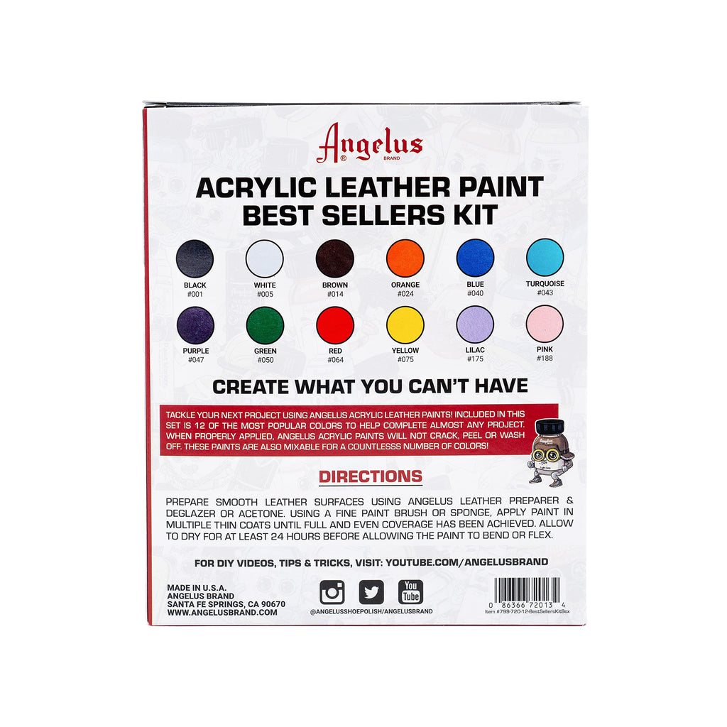 Angelus Acrylic Leather Paint Set - 12 Colors, 1 oz Jars for Shoes