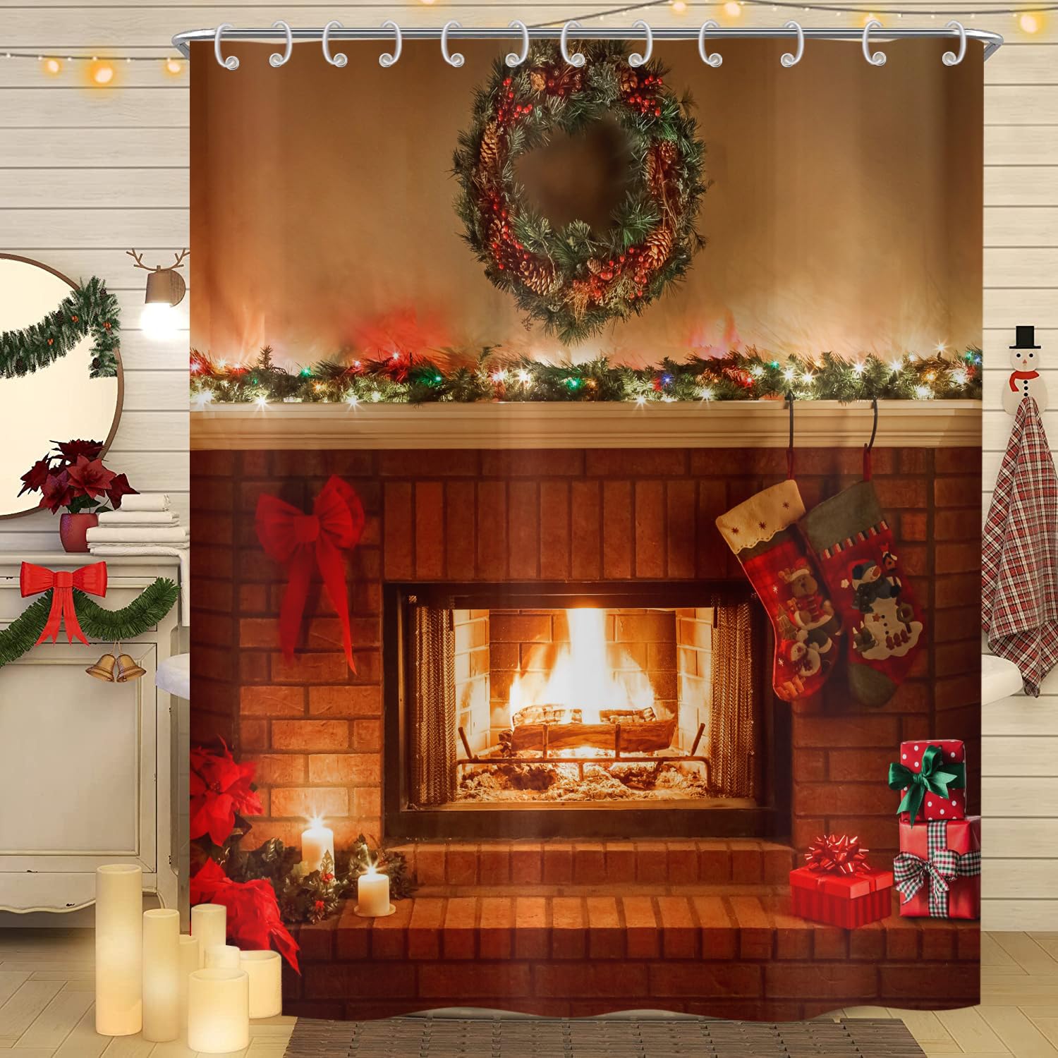 Hnmdmyi Christmas Shower Curtain | Waterproof Polyester Farmhouse Decor