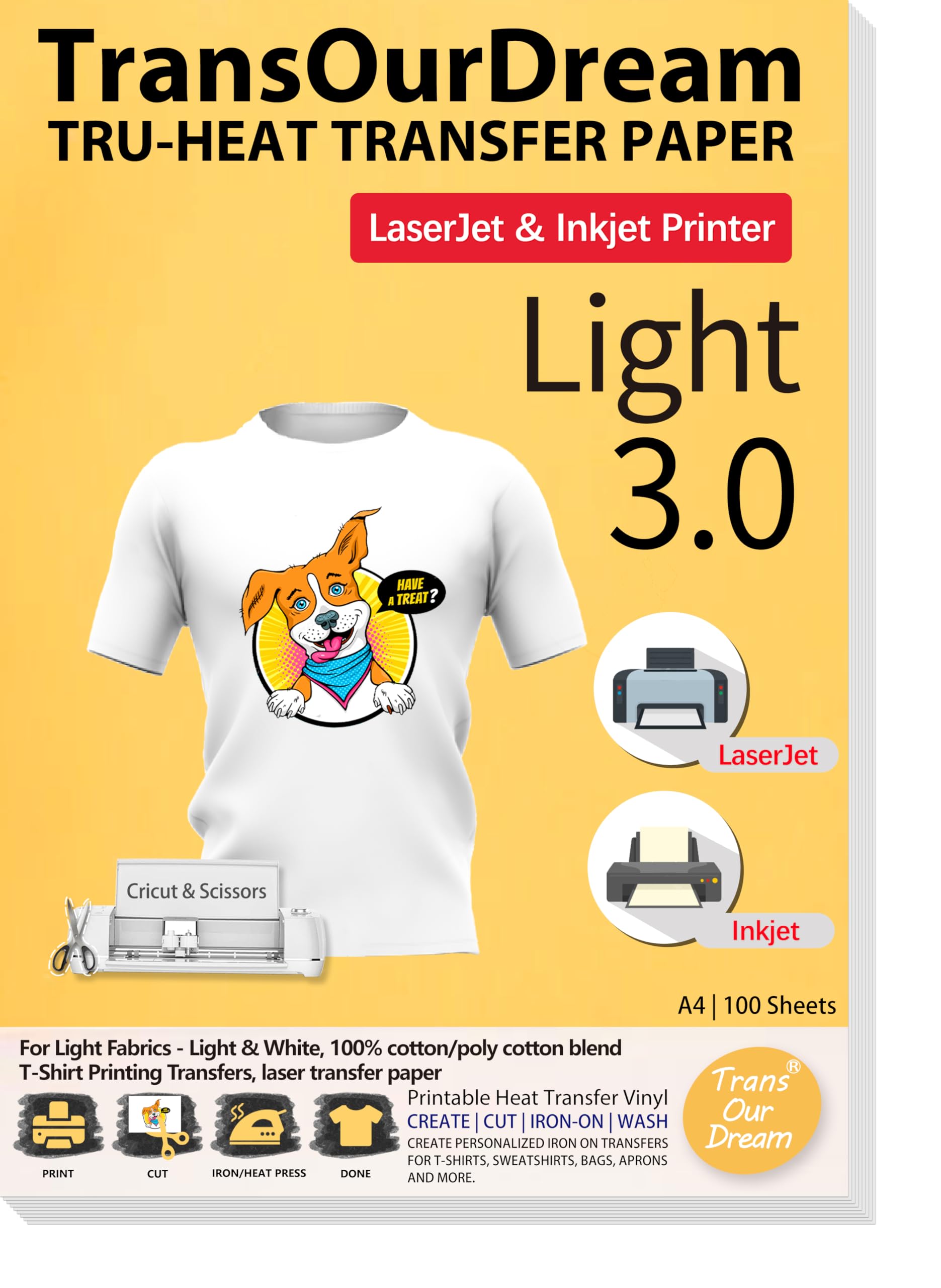 TransOurDream Light T-Shirt Transfer Paper | 100 Sheets A4 Iron On HTV