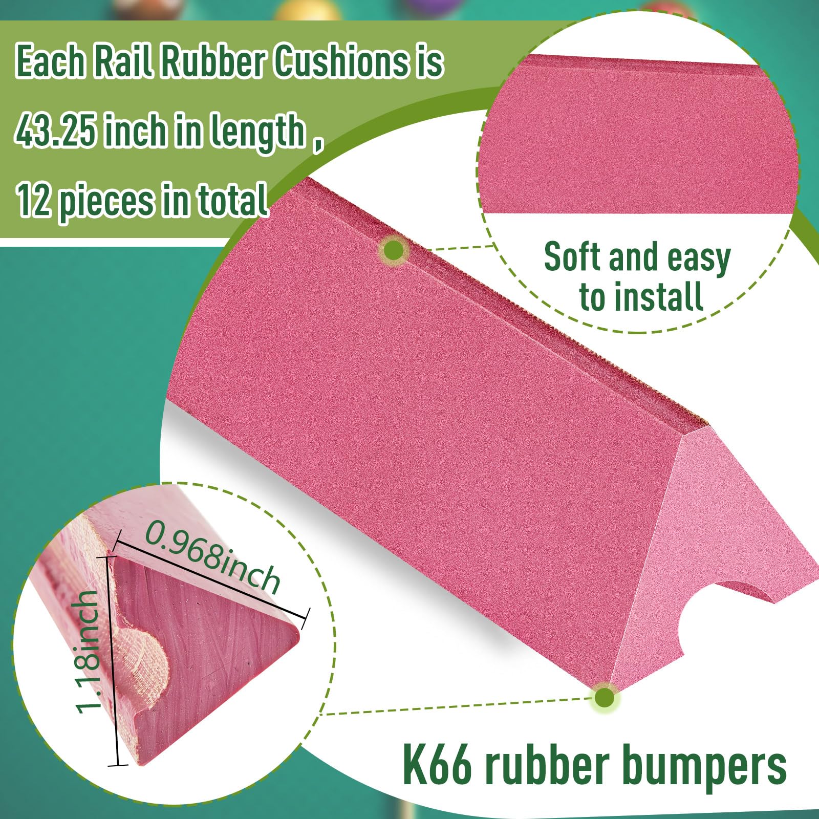Amylove K66 Rubber Pool Table Rail Cushions – 6 Pack for 8 Foot Tables