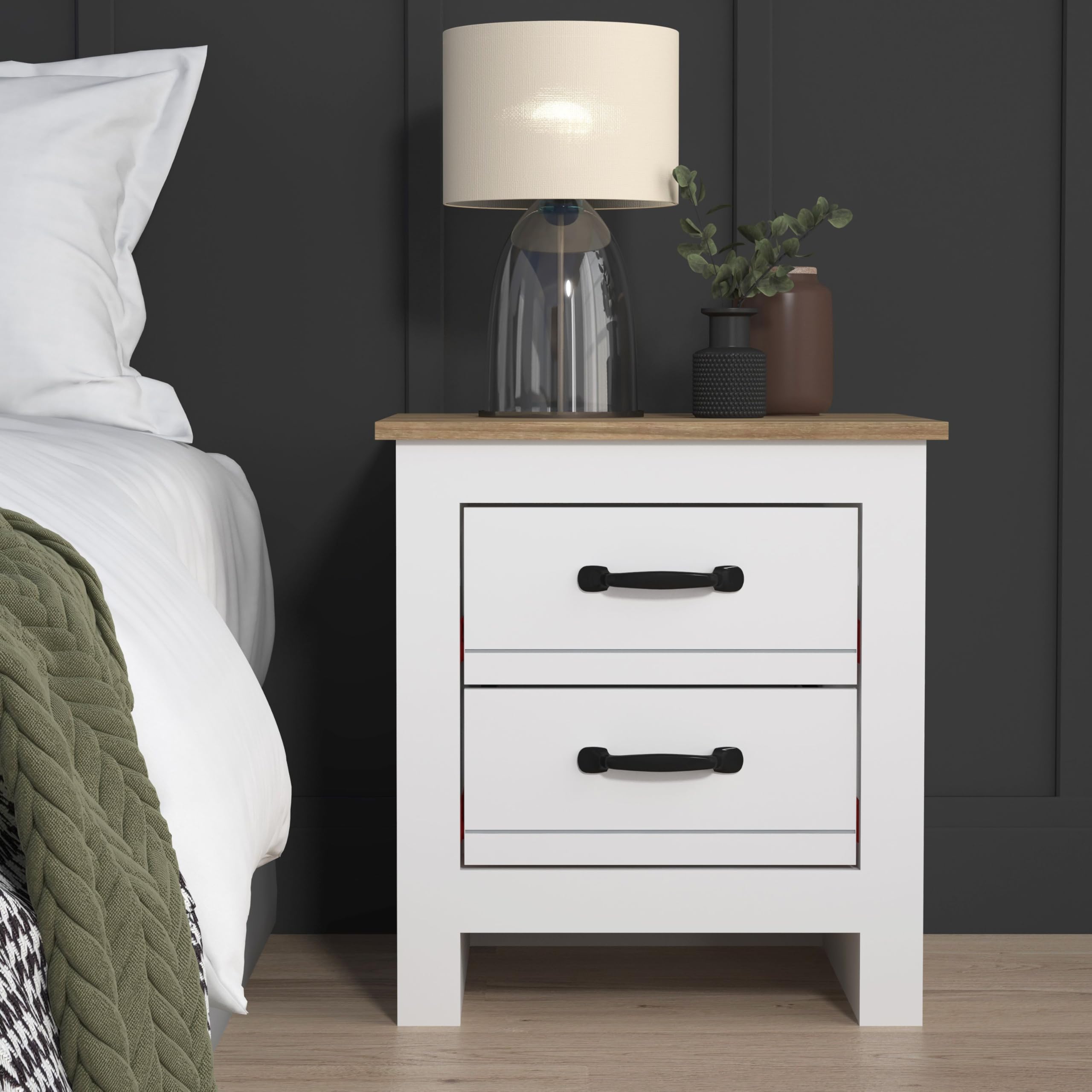 Galano Laverton 2 Drawer Bedside Table - White/Oak Storage End Table
