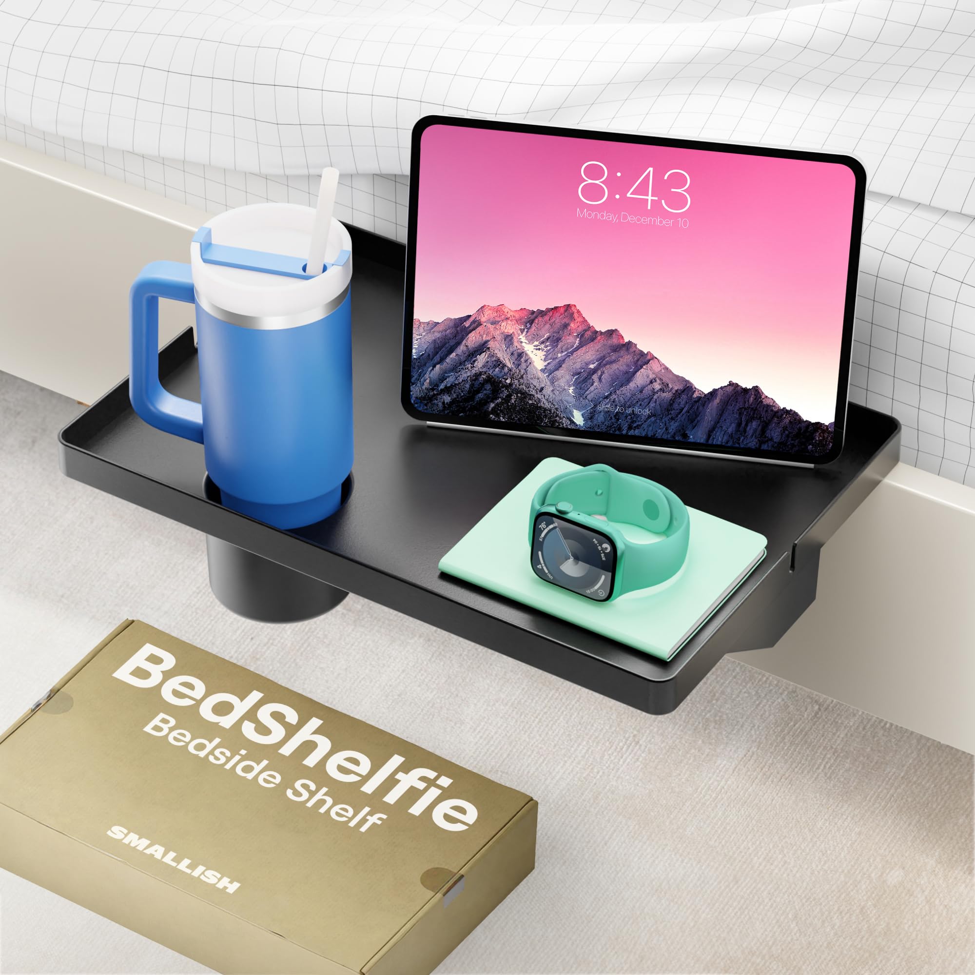 BedShelfie Bedside Shelf - Clip On Floating Nightstand with Cup Holder