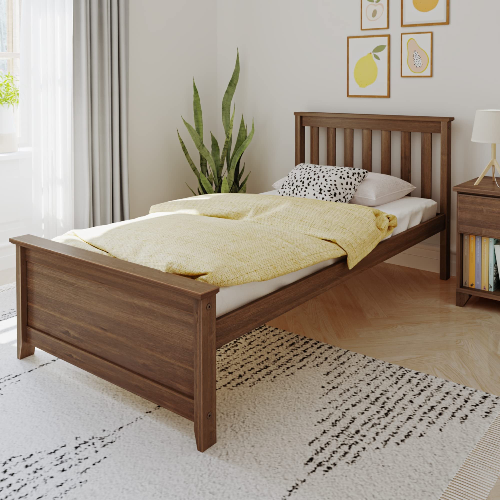 Max and Lily Single Wood Bed Frame with Slatted Headboard, Walnut