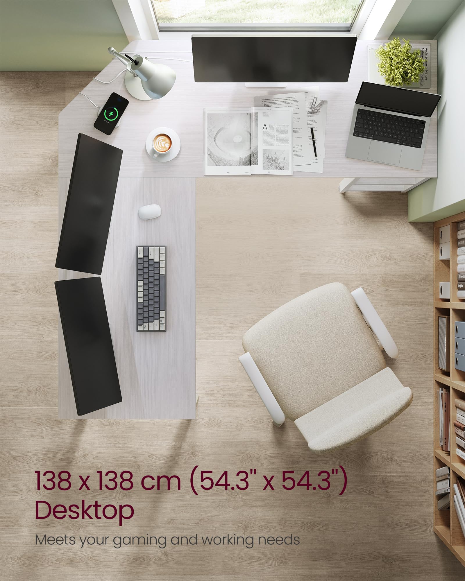 VASAGLE L-Shaped Computer Desk – 138cm Corner Gaming Workstation, White
