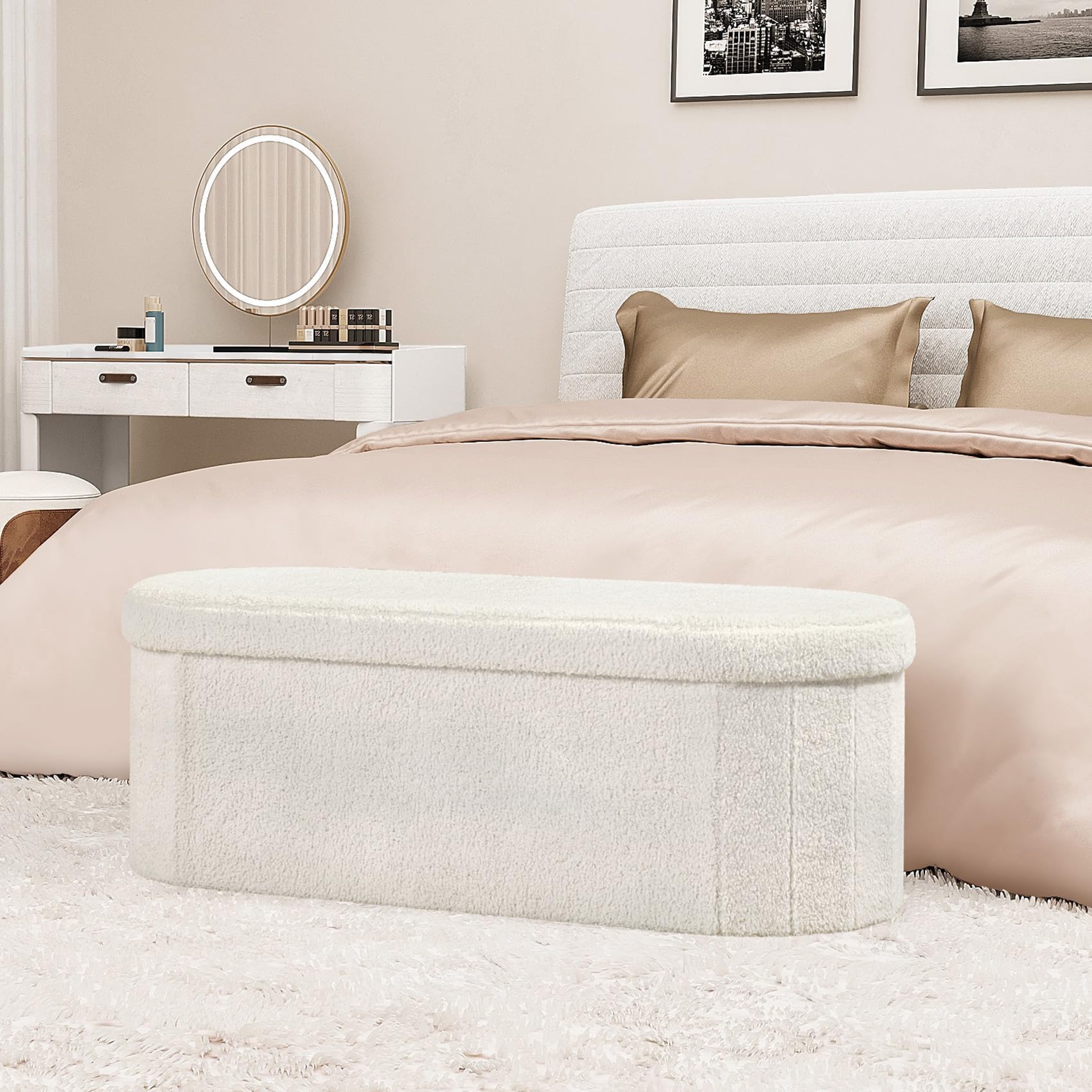 Bonlife Oval Boucle Folding Ottoman Storage Bench | 120L White Footstool