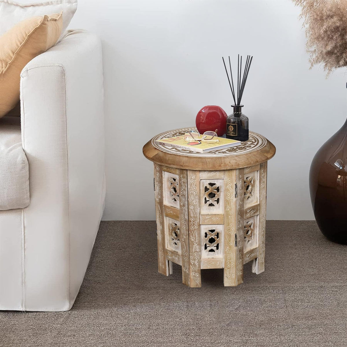 topfurnishing Beautiful Round Hand Carved Indian Shesham Wooden Coffee Table Side Table Beige Small 12"x12"x12" 30.5 cm - image 3