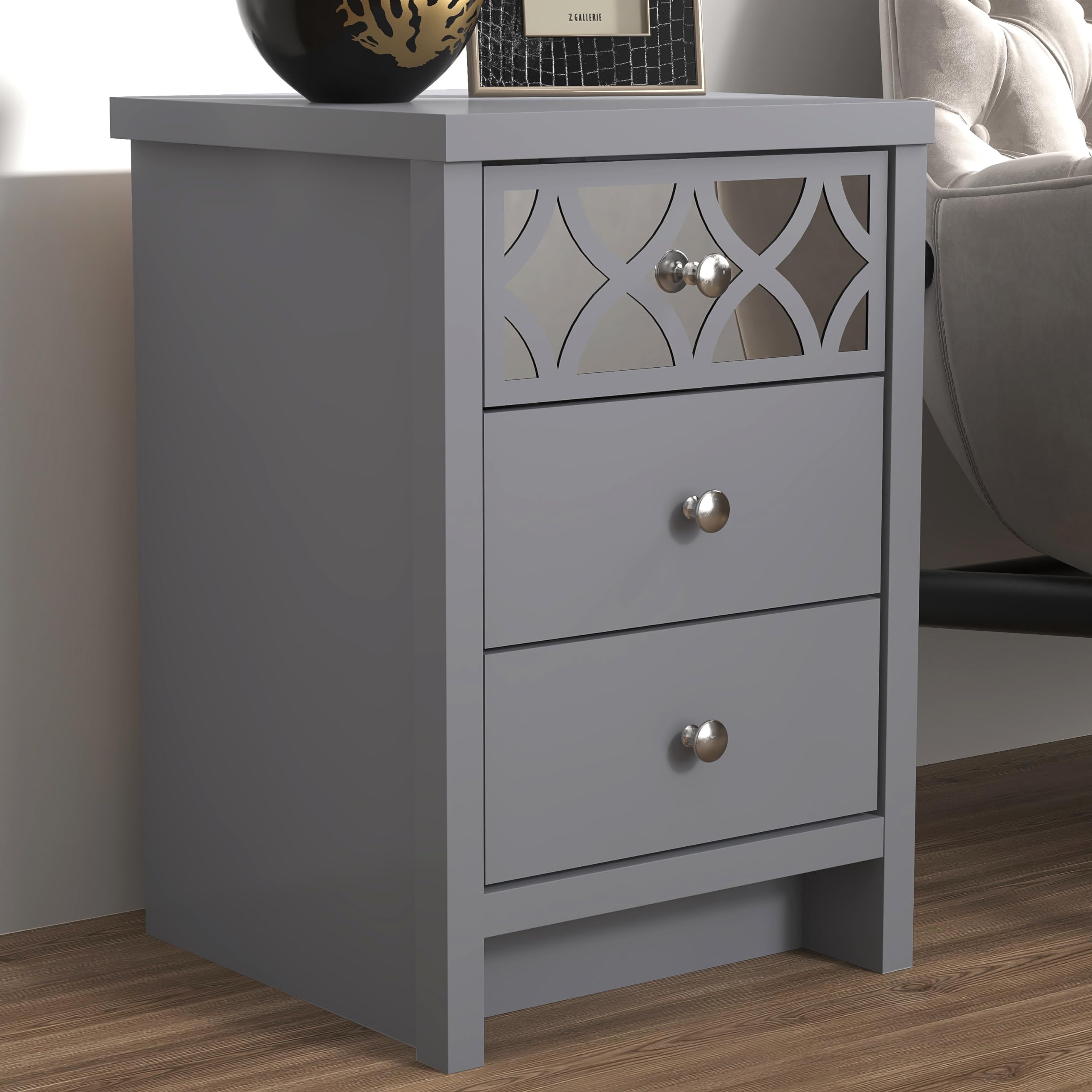 GFW Arianna Bedside Table – 3 Drawer Mirrored Nightstand in Cool Grey