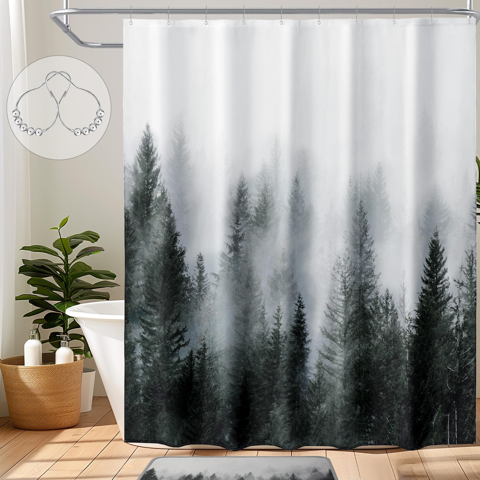 Ortigia Misty Forest Shower Curtain | Waterproof Polyester Nature Decor