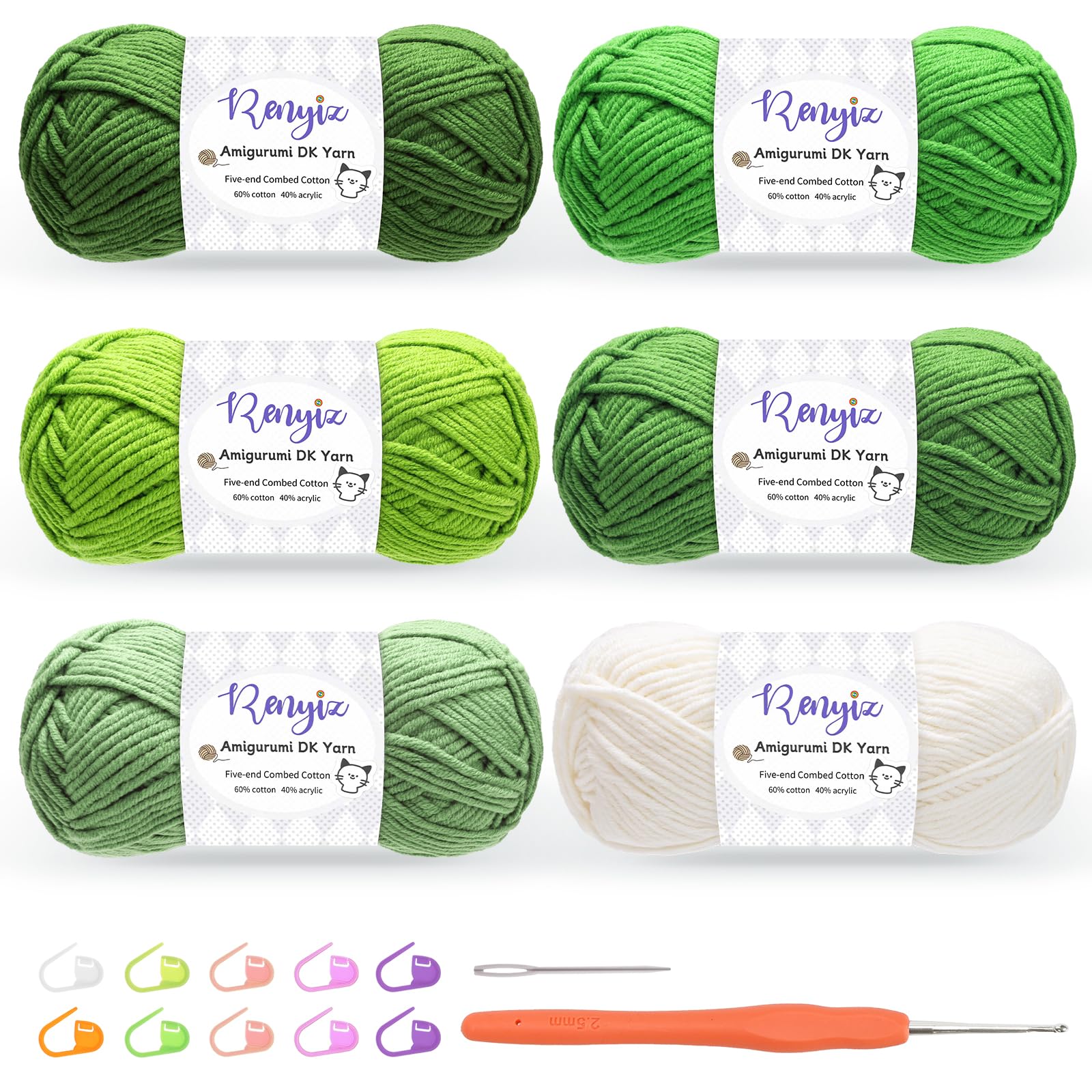 Renyiz Crochet Yarn Kit - 6x50g Cotton Blend DK Wool with Hook & Tools