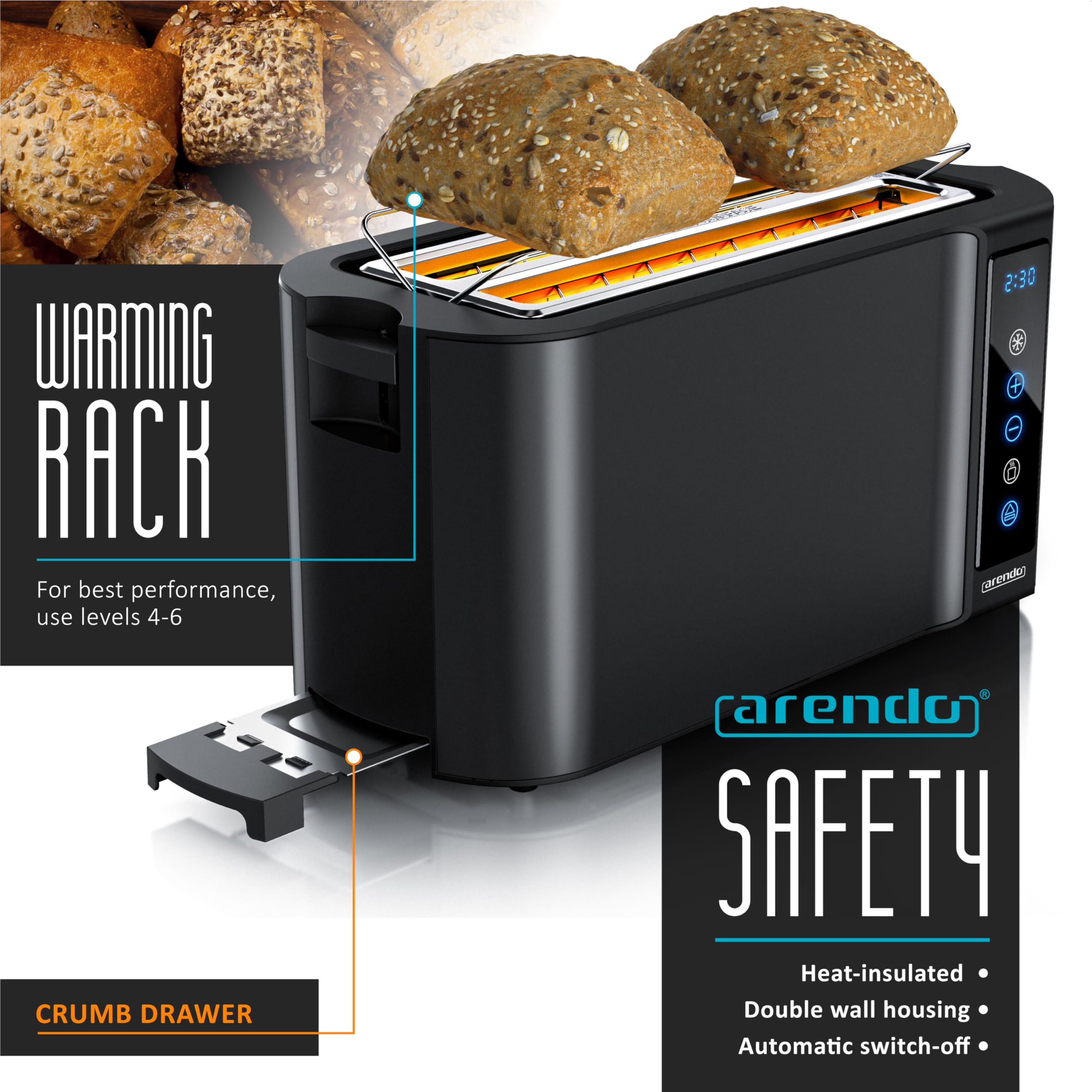 Arendo 4-Slice Long Slot Toaster with Touch Panel and Warming Rack