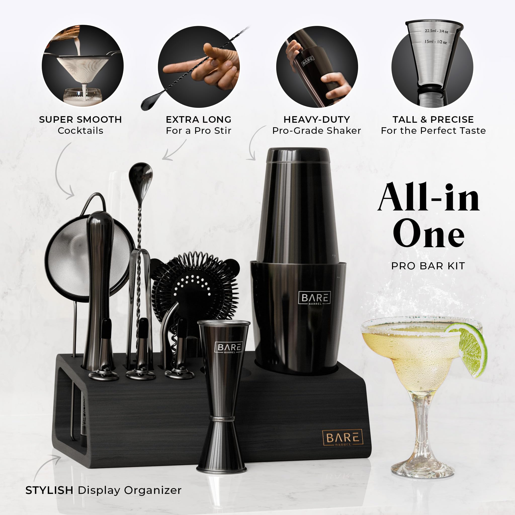 Bare Barrel 14-Piece Cocktail Making Kit with Bamboo Stand & Recipes