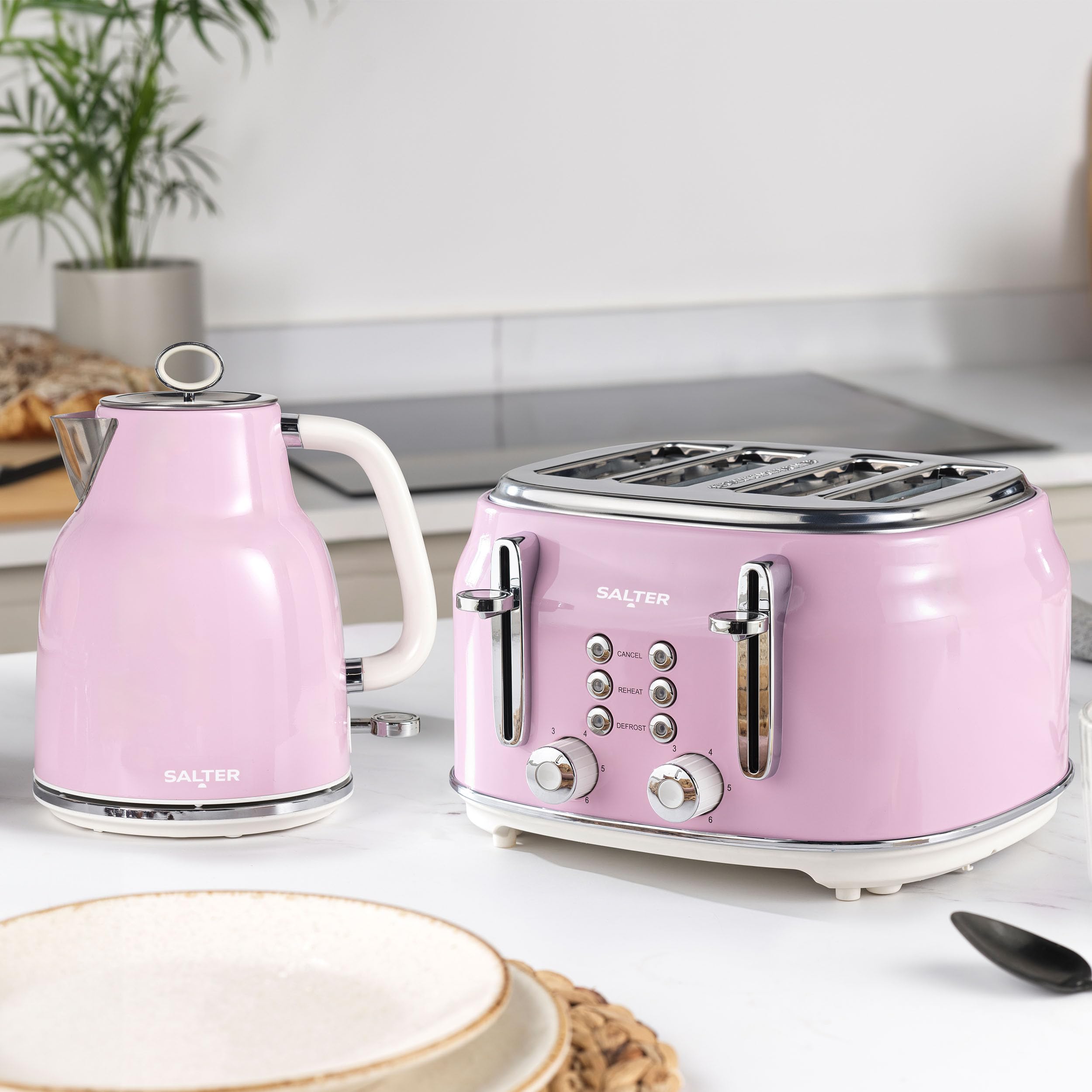 Salter Retro 4-Slice Toaster – Pink Wide Slot with 6 Browning Levels