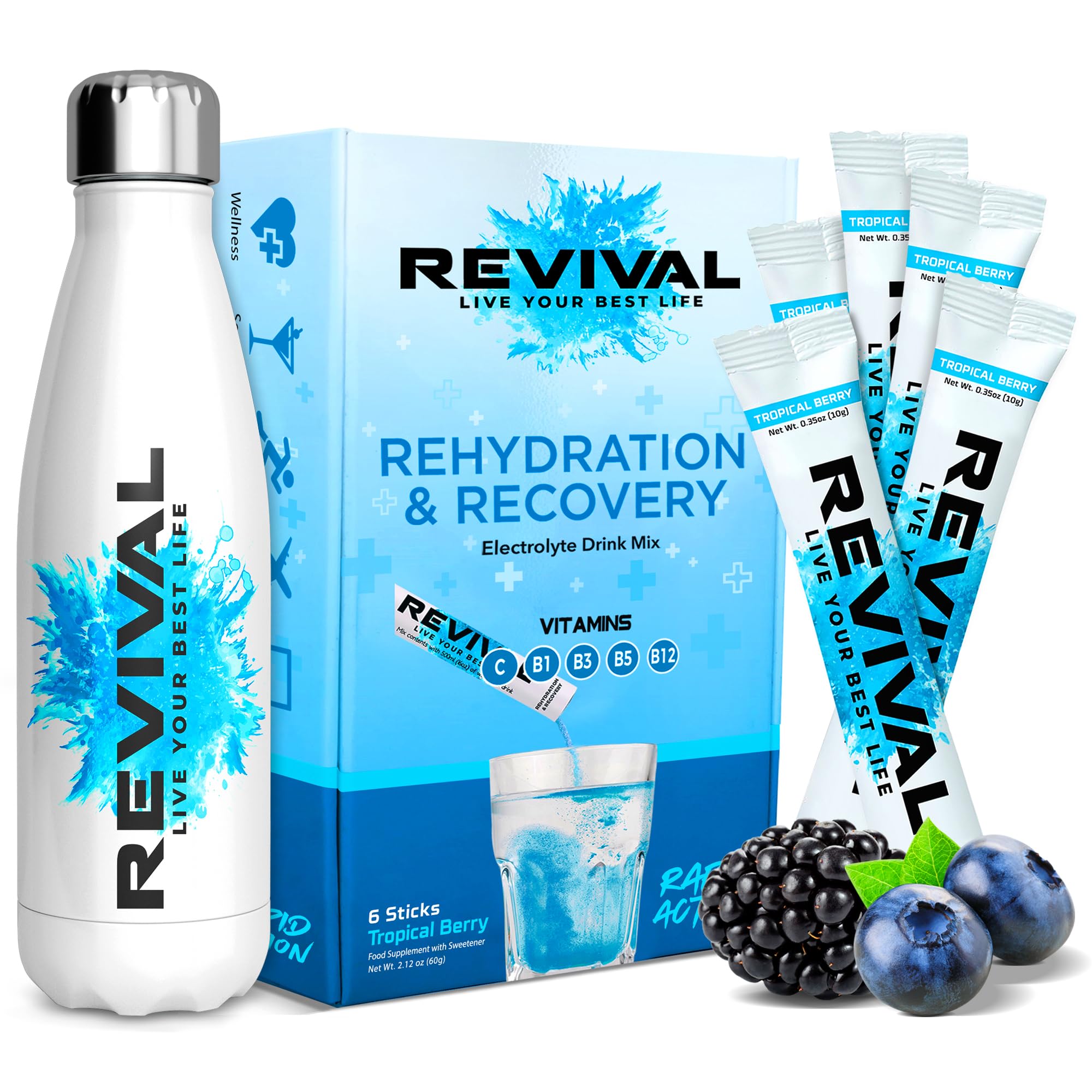 Revival Electrolyte Powder & 500ml Steel Water Bottle Starter Pack – Tropical