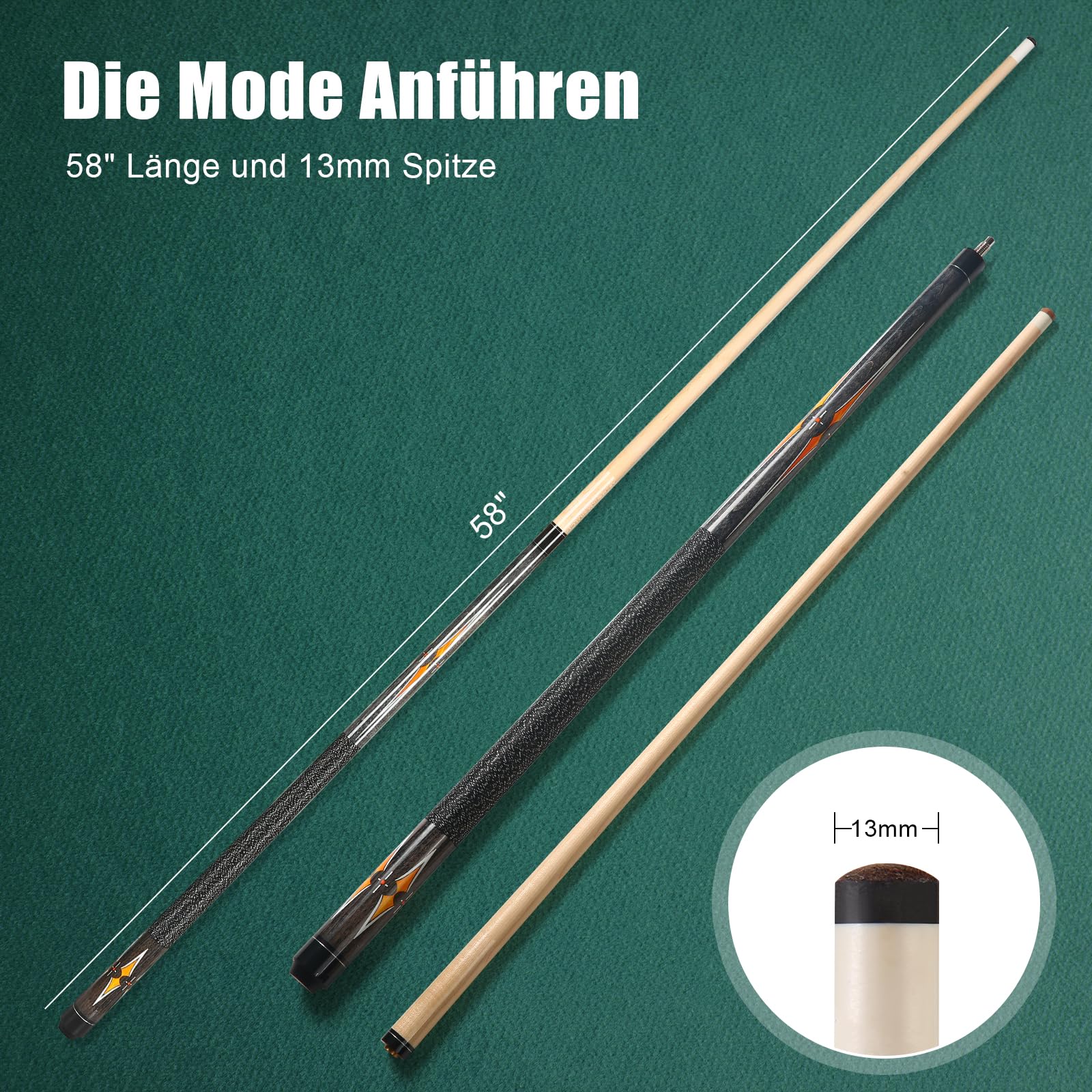 ASMPCUE 58" Canadian Maple Pool Cue | 13mm Tip Irish Linen Wrap - Gray