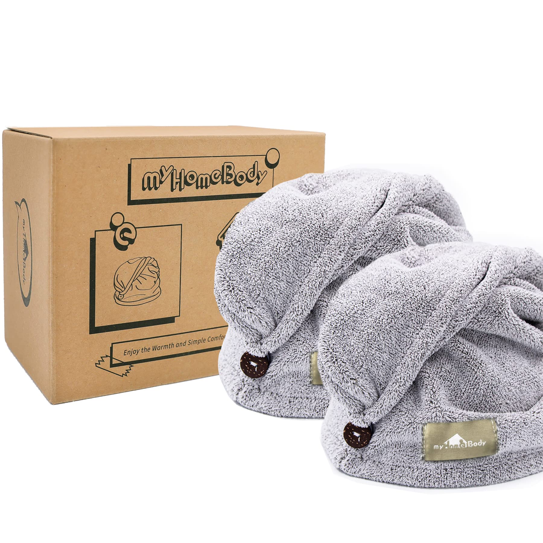 myHomeBody Charcoal Fiber Hair Towel Wrap - Quick Dry Turban, 2 Pack