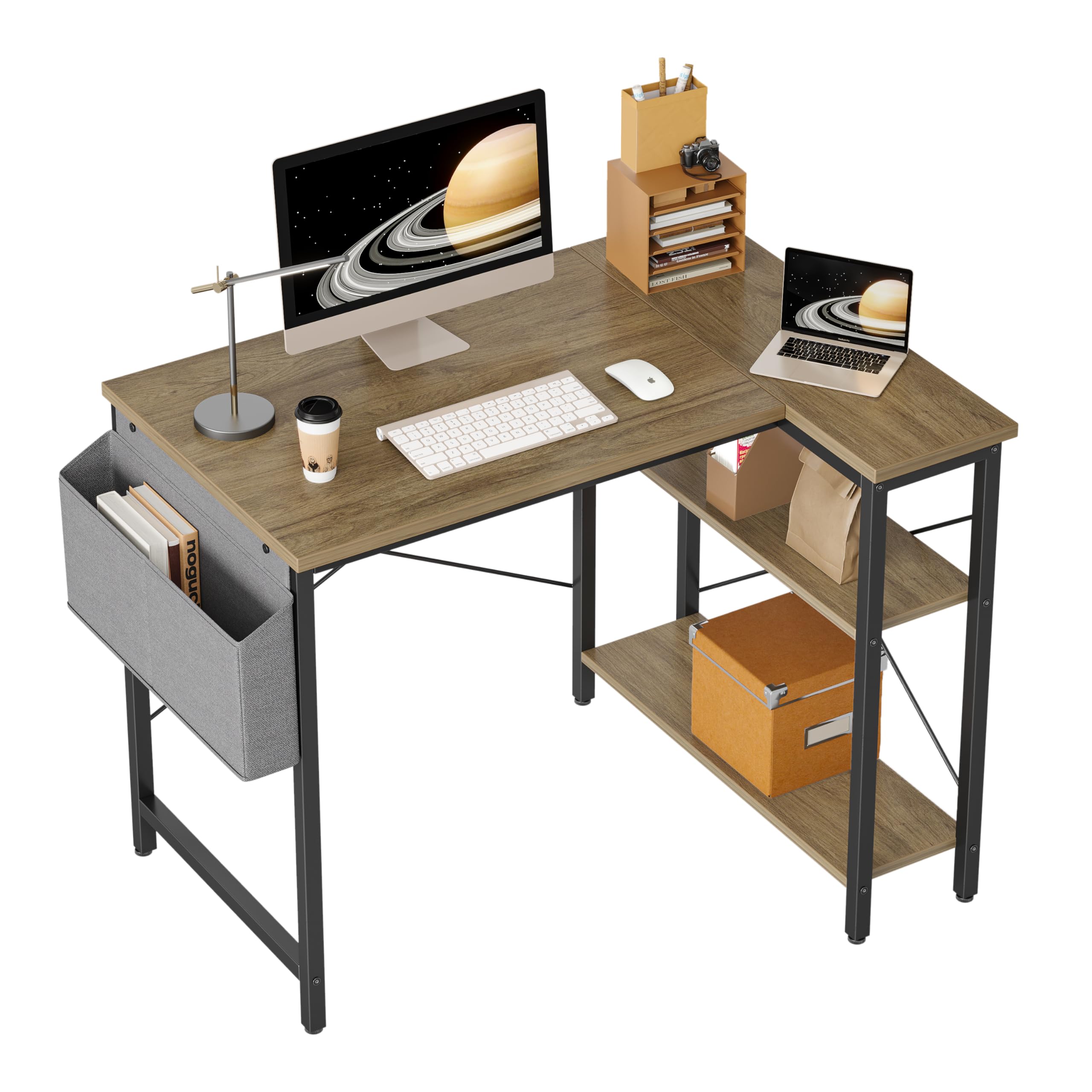 BEXEVUE L-Shaped Corner Desk | 100x70cm Gaming Table with Storage Shelves