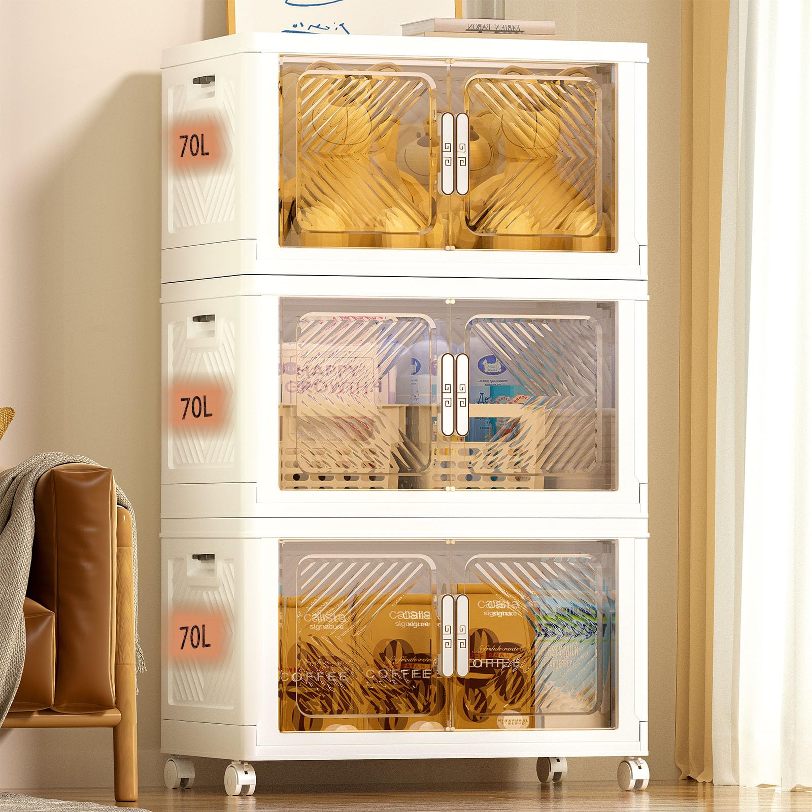 Pioncrey 3-Pack Stackable Storage Boxes | 70L Collapsible Plastic Bins