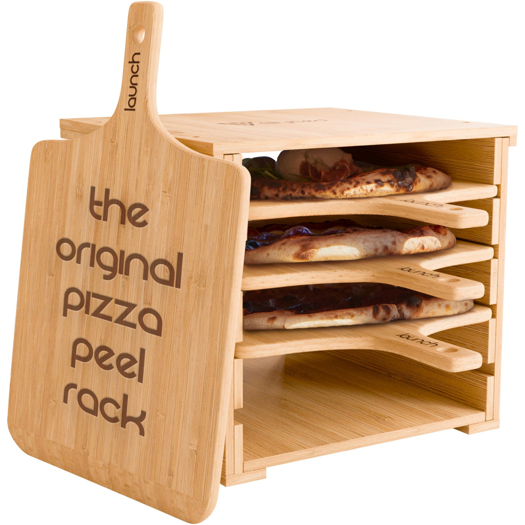 Slyced Bamboo Pizza Peel Rack with 4 Non-Stick 12 Inch Pizza Paddles
