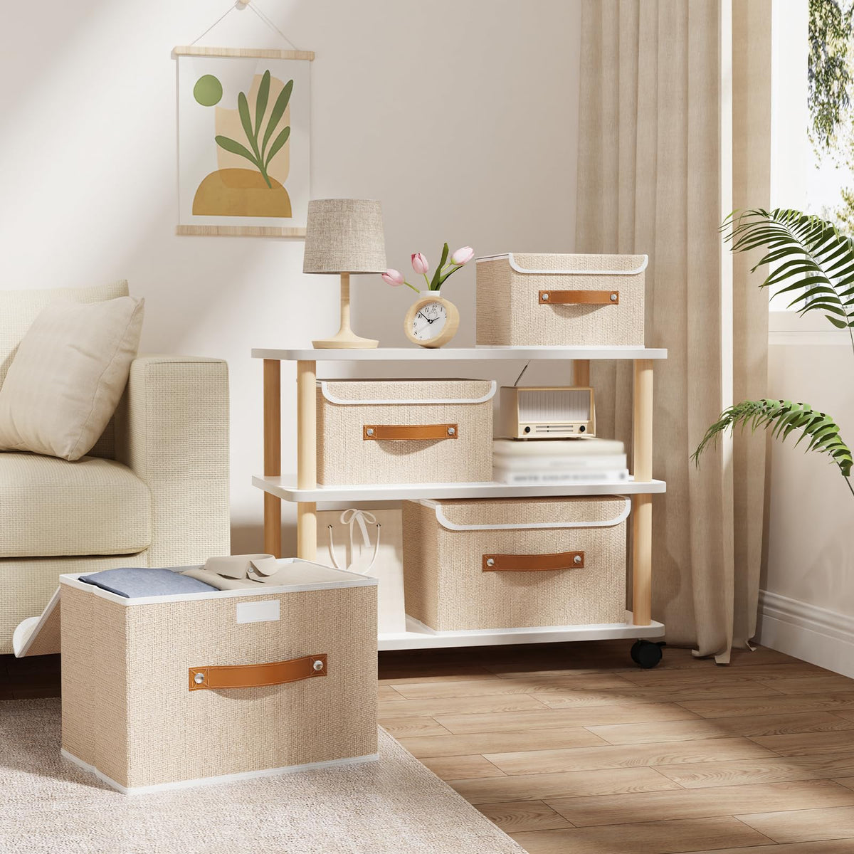 OUTBROS Storage Boxes with Lids 5 Pack, Bins 26x20x17 cm, Beige - image 2