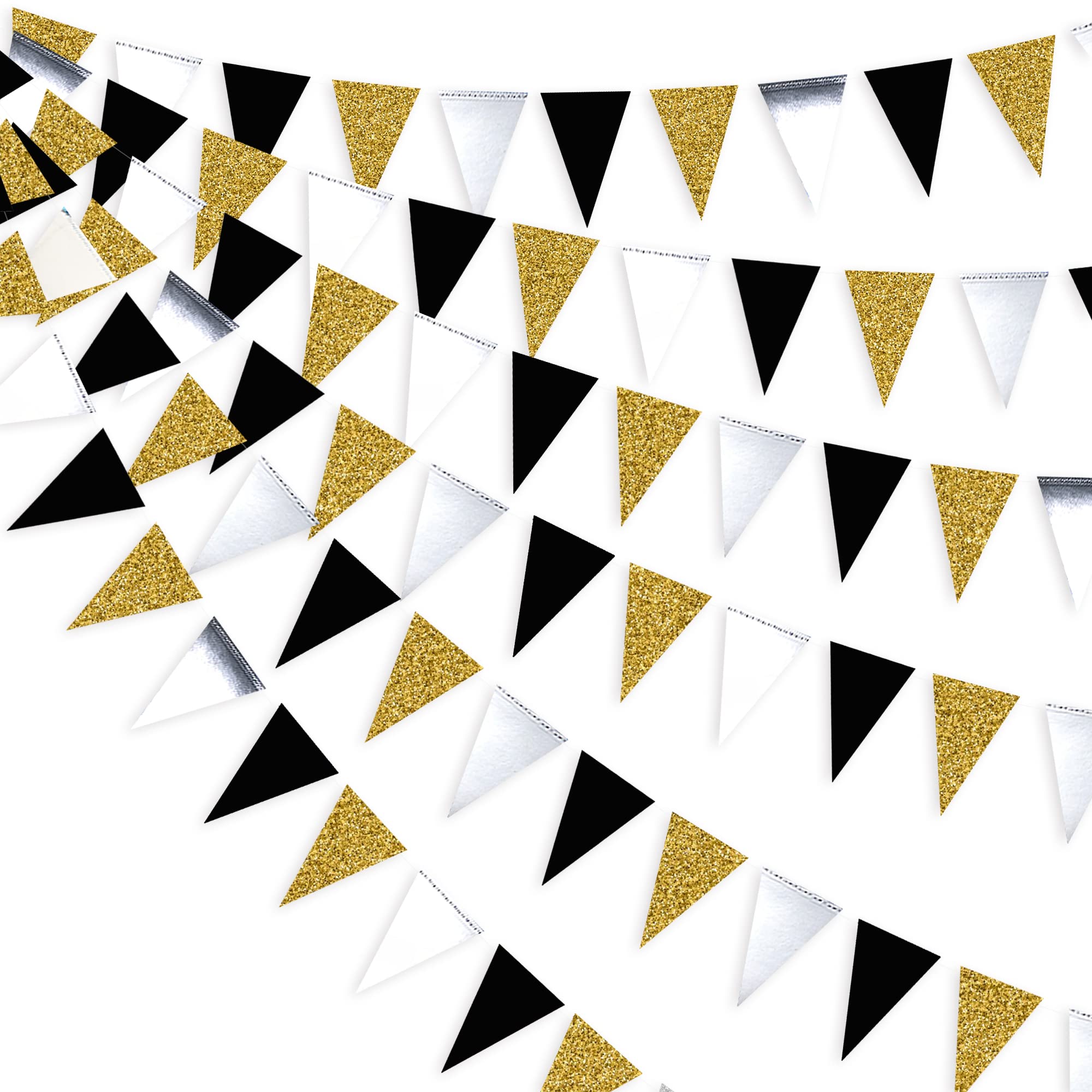 30ft Glitter Triangle Bunting Banner – Gold Silver Black Flags