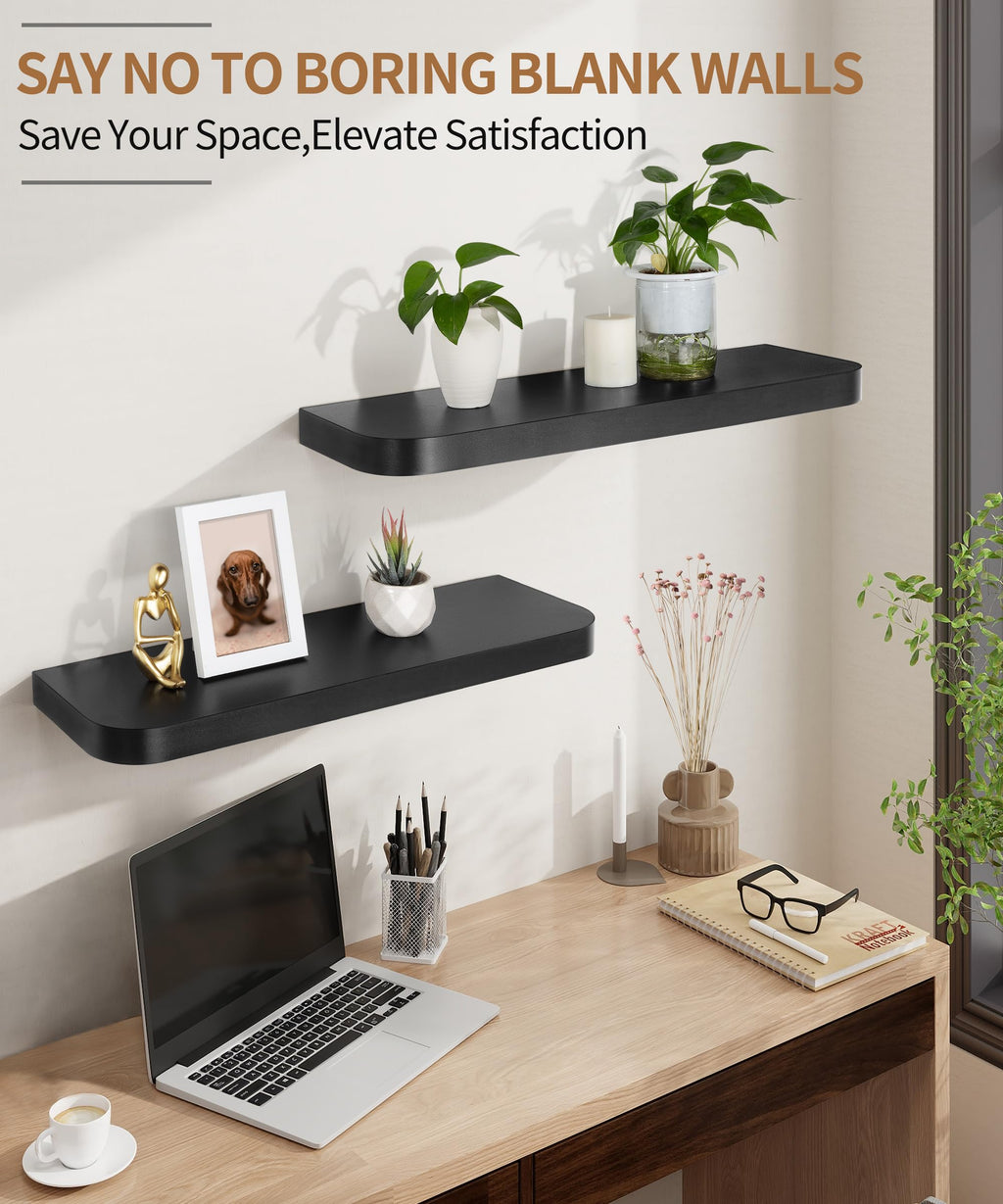 Gronda Black Floating Shelves – Set of 2 Modern 24-Inch Wall Shelves